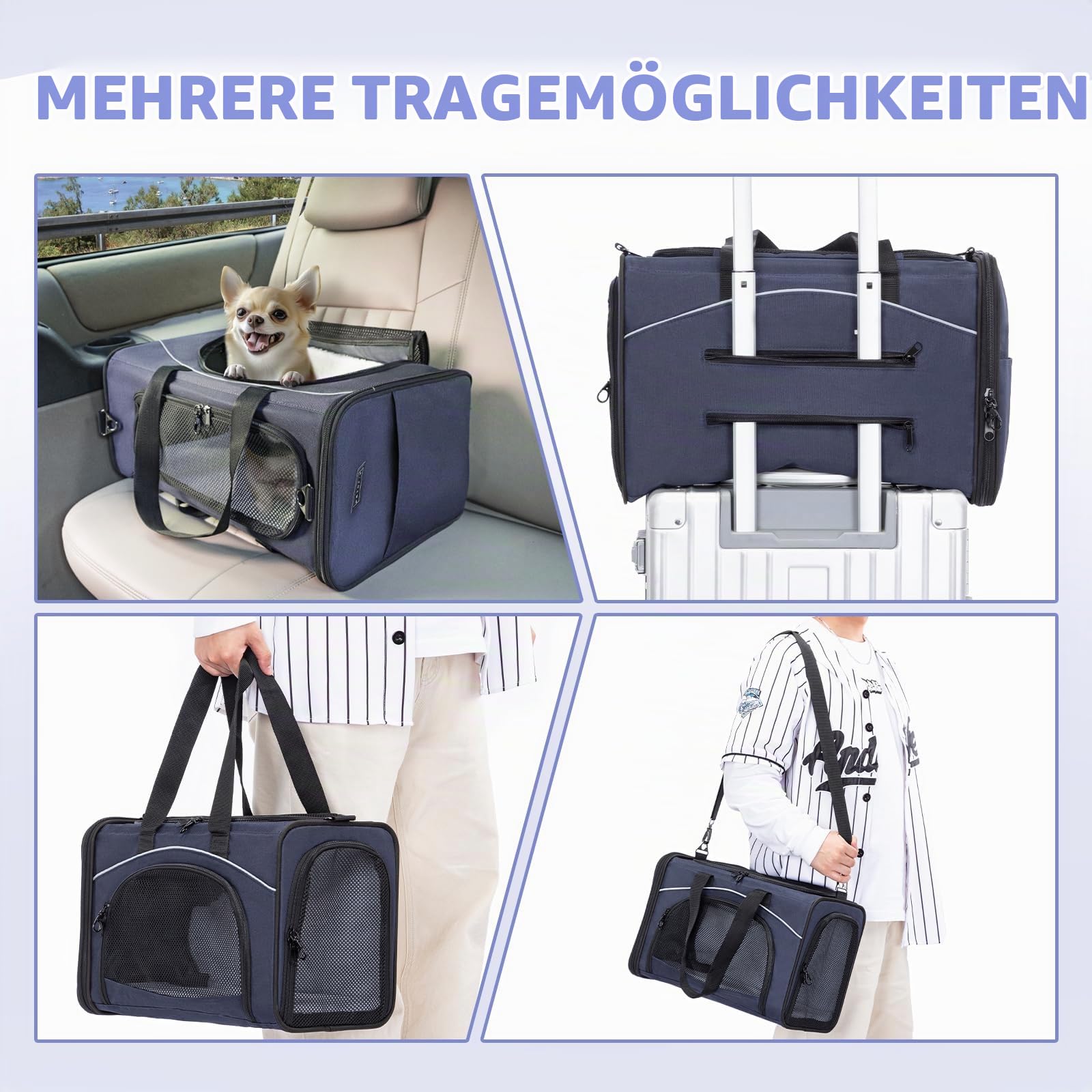 Petsfit Transporttasche Katze & Hundetasche Flugzeug | Flugtasche für Hunde & Transportbox Katze | Flugtaugliche Haustiertasche | Sicherer Transport in Auto, Flugzeug und Bahn, M/Blau