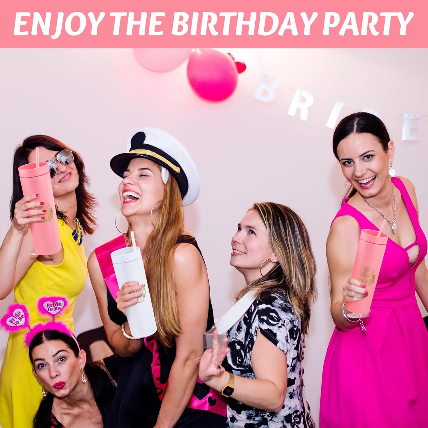 6 Pcs Birthday Party Tumblers 16 oz Birthday Squad Skinny Tumbler with Lid and Straw Double Wall Plastic Tumblers for 20th 30th 40th 50th 60th Birthday Party Favor for Women(Pink) - Image 6