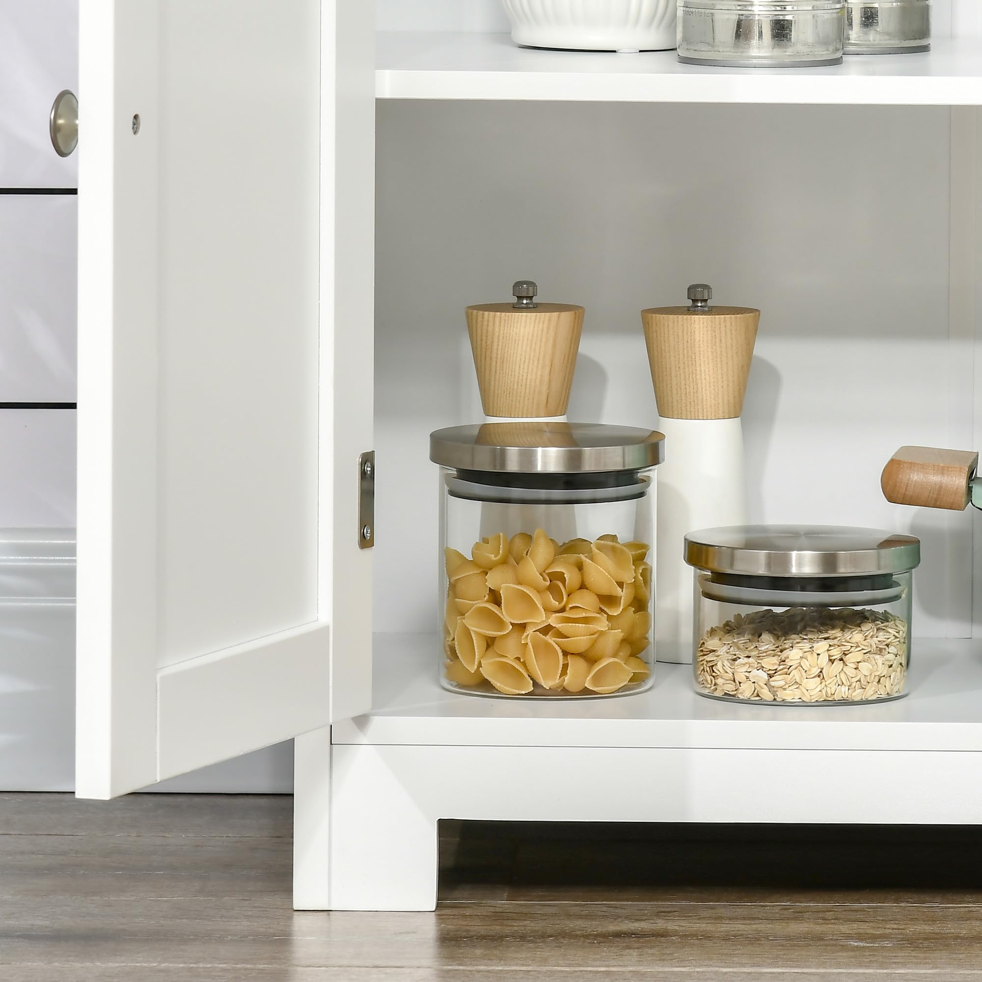 HOMCOM Küchenschrank, Küchenbuffet, Vitrinenschrank mit 2 Schränken, 2 Offenen Ebenen, Mehrzweckschrank mit Anti-Kipp-Schutz, für Esszimmer, Wohnzimmer, 60 x 30 x 162 cm, Weiß