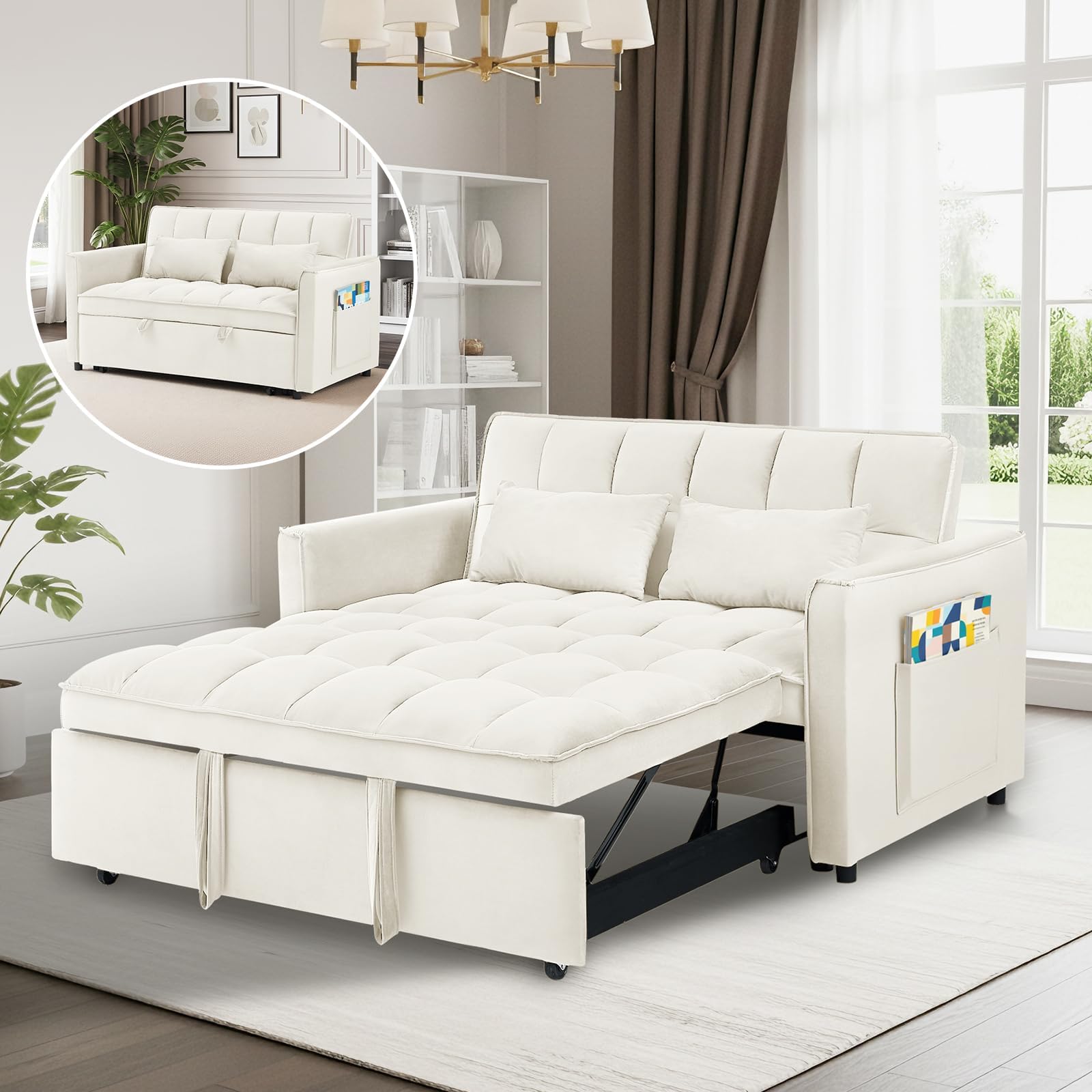3 in 1 Convertible Sofa Bed, Pull Out Couch with Adjustable Backrest, Velvet Sleeper Sofa Loveseat with Pillows and Side Pockets for Living Room, Bedroom, Apartment, Beige