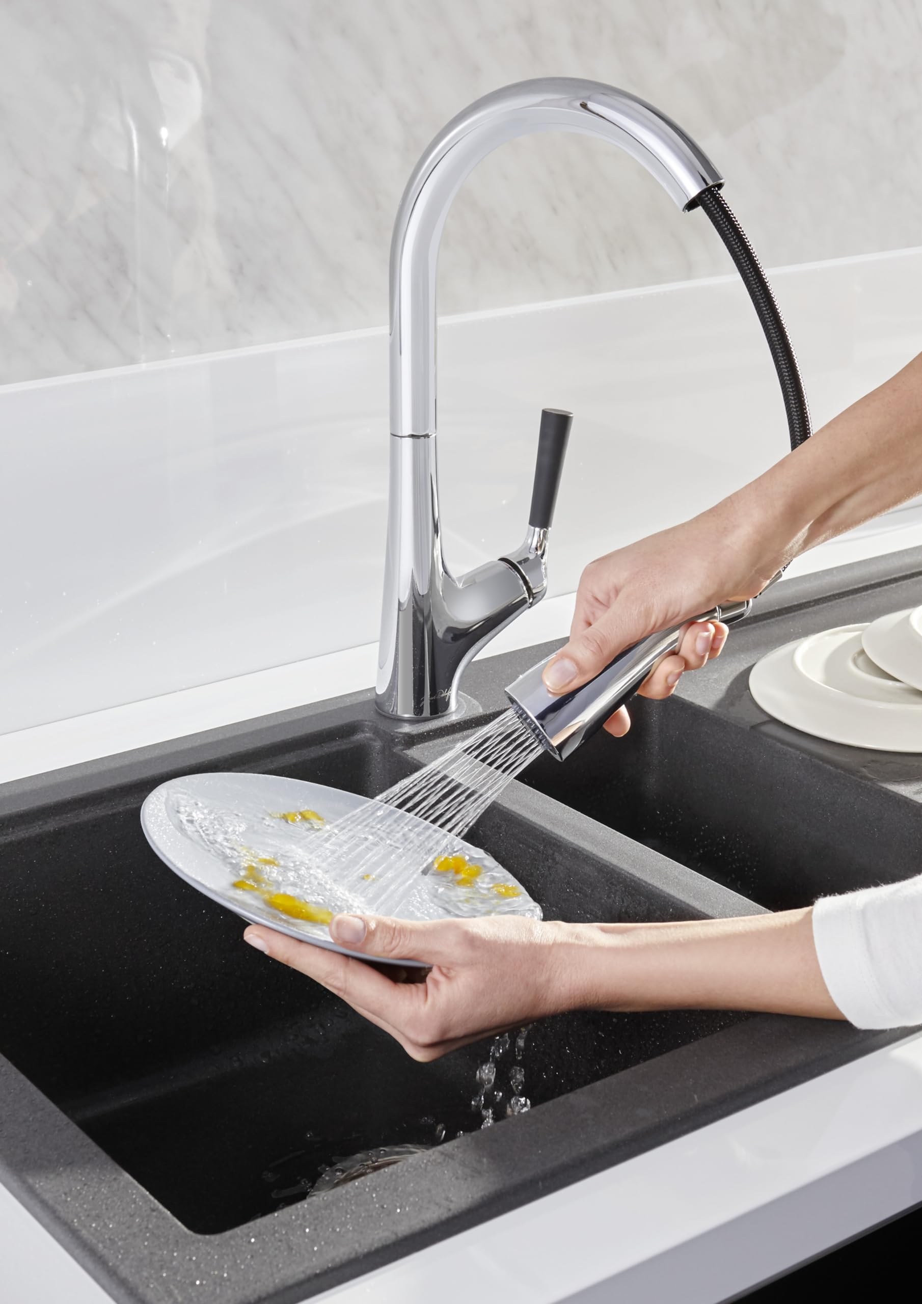 JACOB DELAFON Rubinetto da cucina senza contatto doccia anticalcare rimovibile con 2 getti e beccuccio girevole a 360° a risparmio idrico, leva personalizzabile (3 colori) colore cromo MALLECO E77748