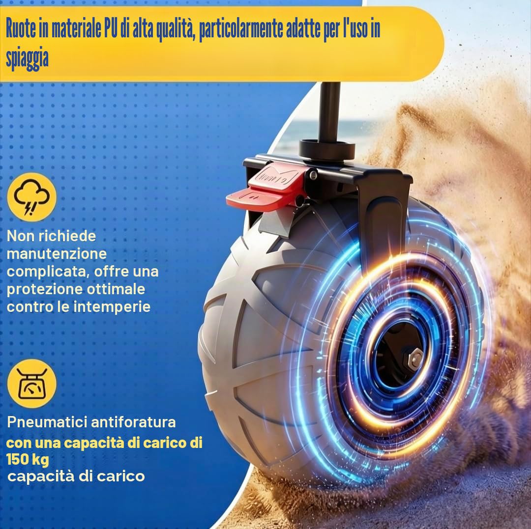 200L Grandi Carro Playa Plegable con Ruedas Todo Terreno, 200kg Carretto Spiaggia Pieghevole con Regolabile Braccioli e Freno, Carrito Playa Ruedas Borsa 20L per Campeggio Spesa