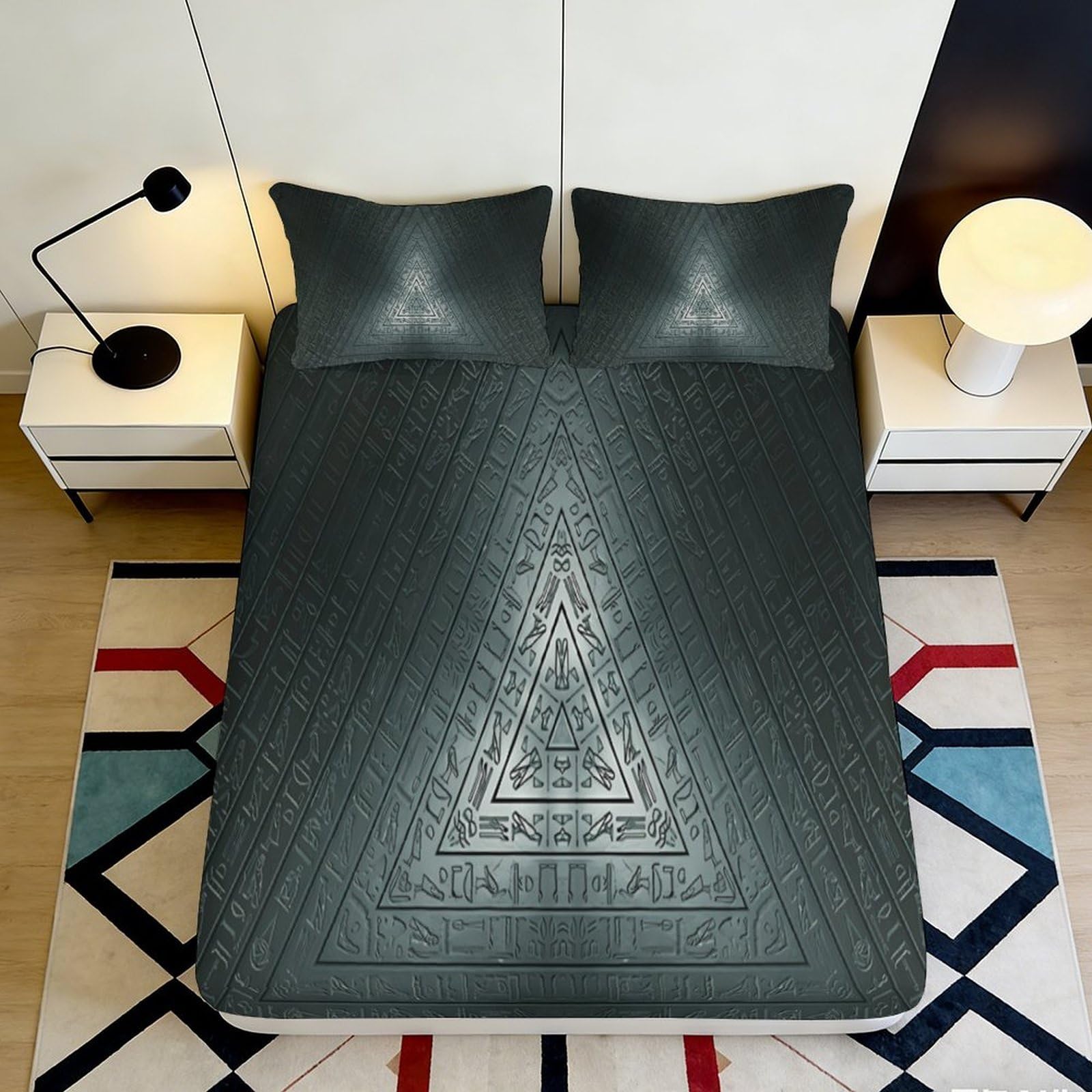 3D Printed Geometric Triangle Fitted Sheet Microfiber Dark Grey Abstract Mattress Cover for Bedroom Dorm Protection Decor 90x200x25cm