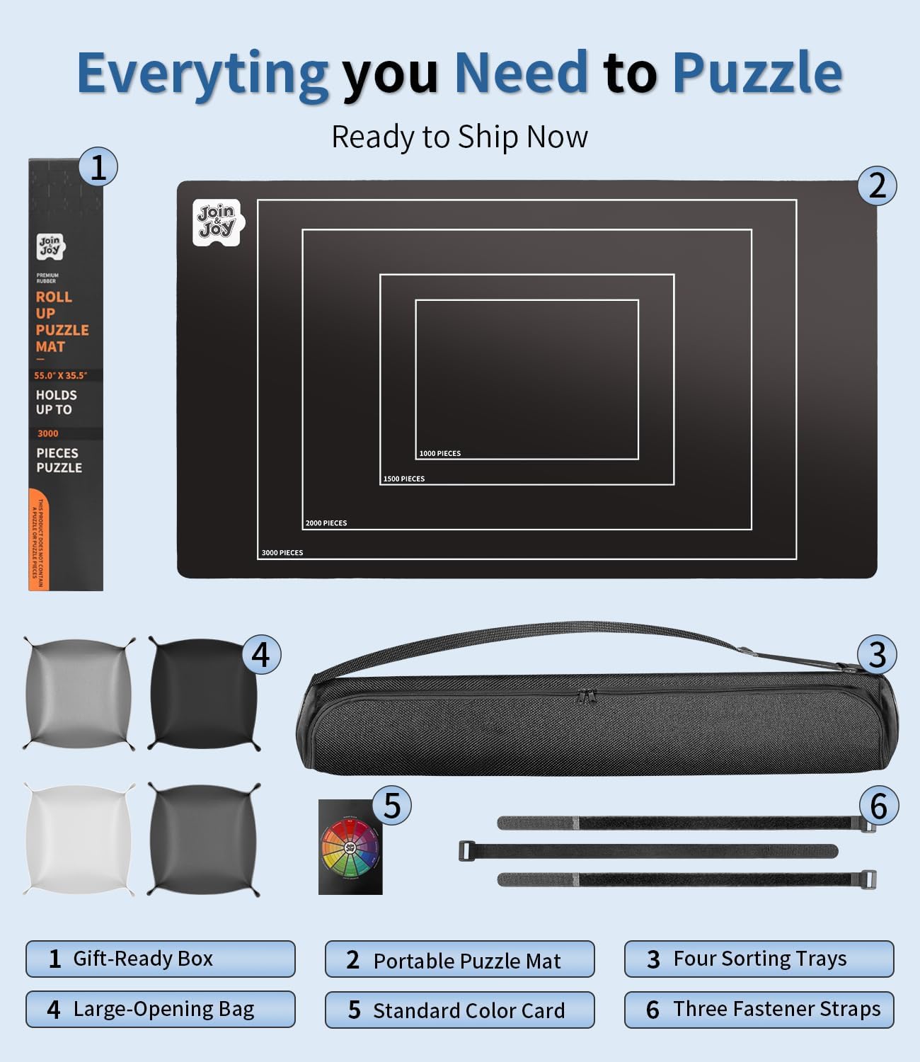 Join&Joy Jigsaw Puzzle Mat Roll Up, Rubber Saver Pad 55" x 35.5 ", with 4 Sorting Trays & Travel Storage Bag, Portable Rollup Puzzles Keeper, Up to 3000 Pieces, Satin Black