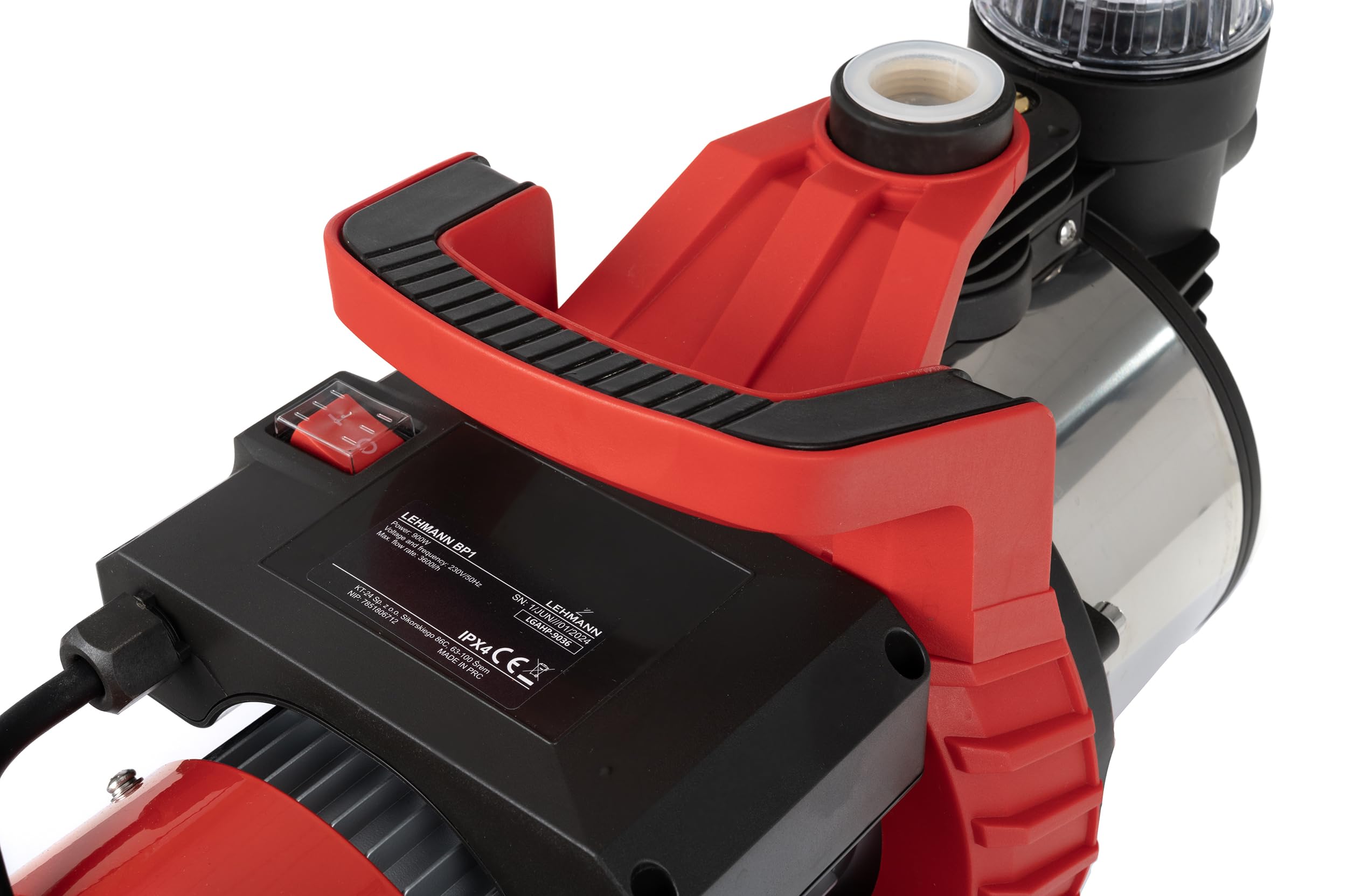LEHMANNN Gartenpumpe BP1, 900 W, Förderleistung 3600 L/h, 4,2 bar Druck, max. Ansaughöhe: 8 m & Förderhöhe 42 m, Selbstansaugende, Pumpengehäuse aus Edelstahl, IPX4, ergonomische Tragegriff