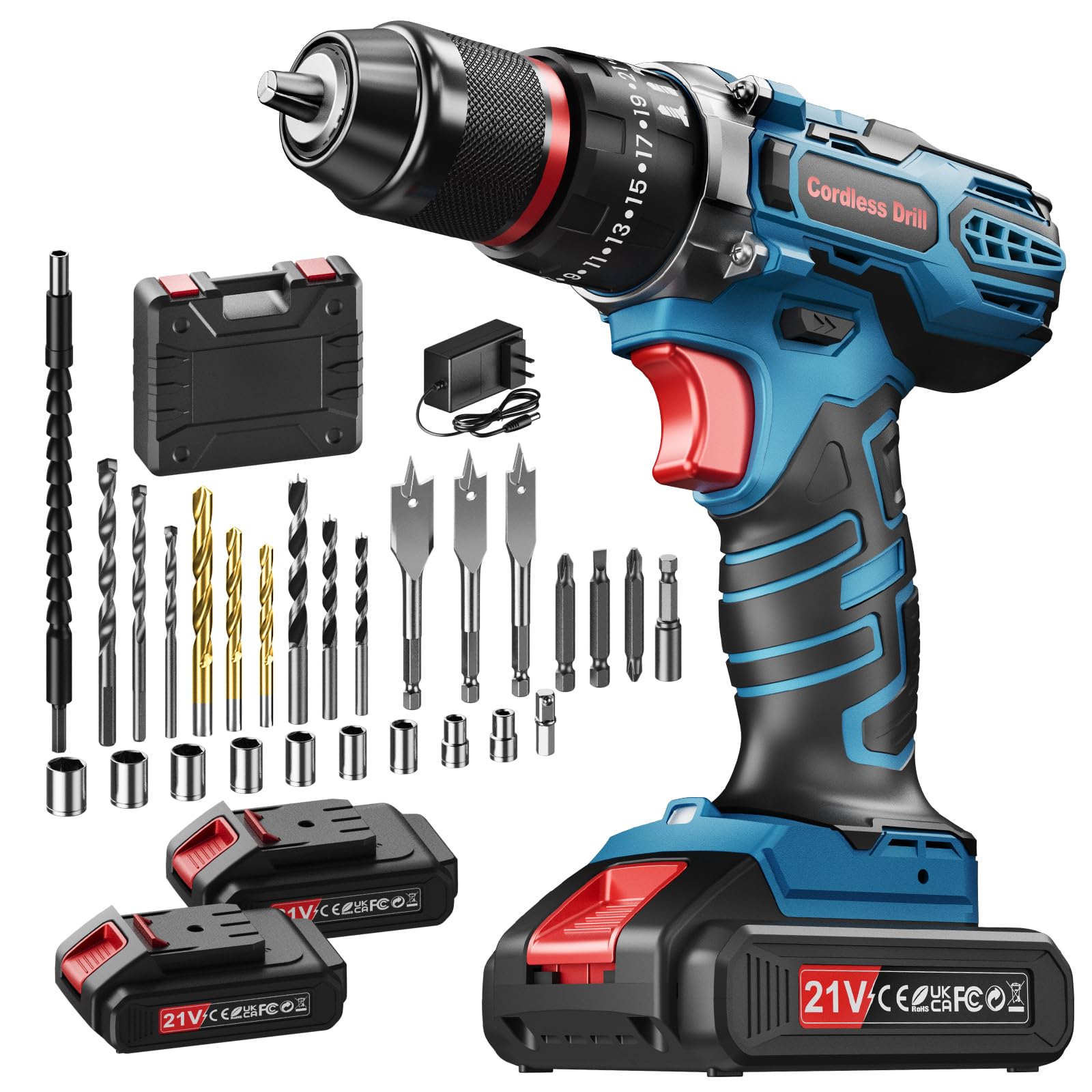 21V Taladro Percutor a Bateria, Taladro Inalámbrico con 2x2,0Ah Baterías, Taladro Atornillador Batería Torque Máximo 45Nm, 25+3 Ajustes Torque, Doble Velocidad, Luz LED, 29 Piezas Accesorios