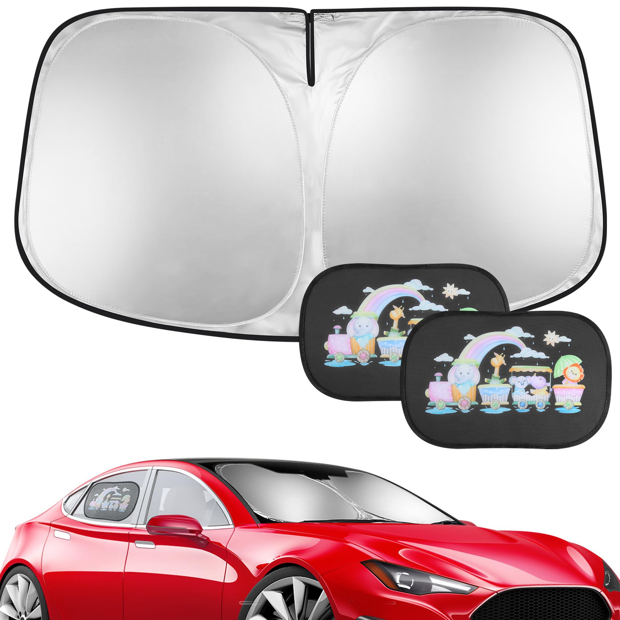 COZCLAM 3pcs Parasol Coche Delantero, 140x80CM Parasol para Parabrisas de Coche Plegable con 2pcs Parasol Coche Bebé, Protección Rayos UV, Parasol Delantero Coche Mayoría de los Coches