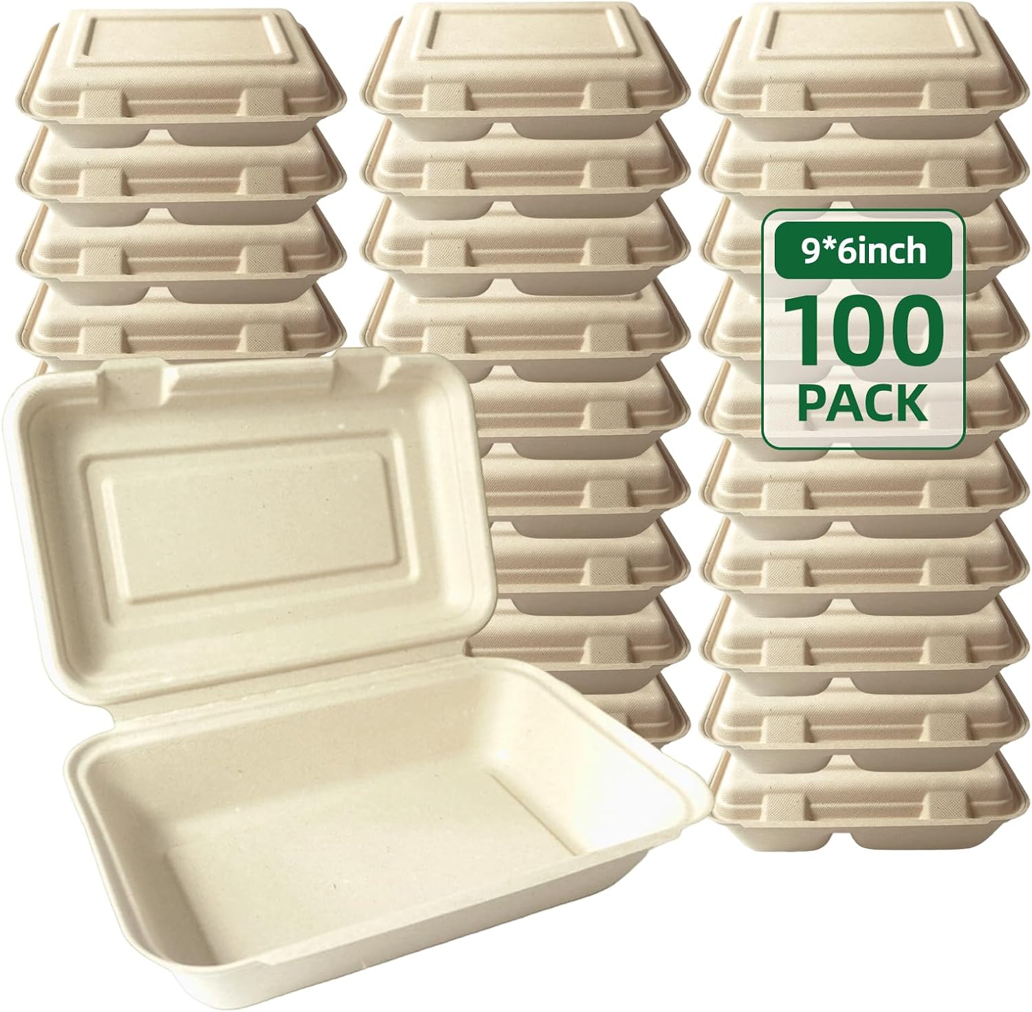 100-pack To go containers - Biodegradable To Go Food Containers (9.5 x 6.5 in) within 90 days, Disposable Eco-Friendly Biodegradable Bamboo take out food containers