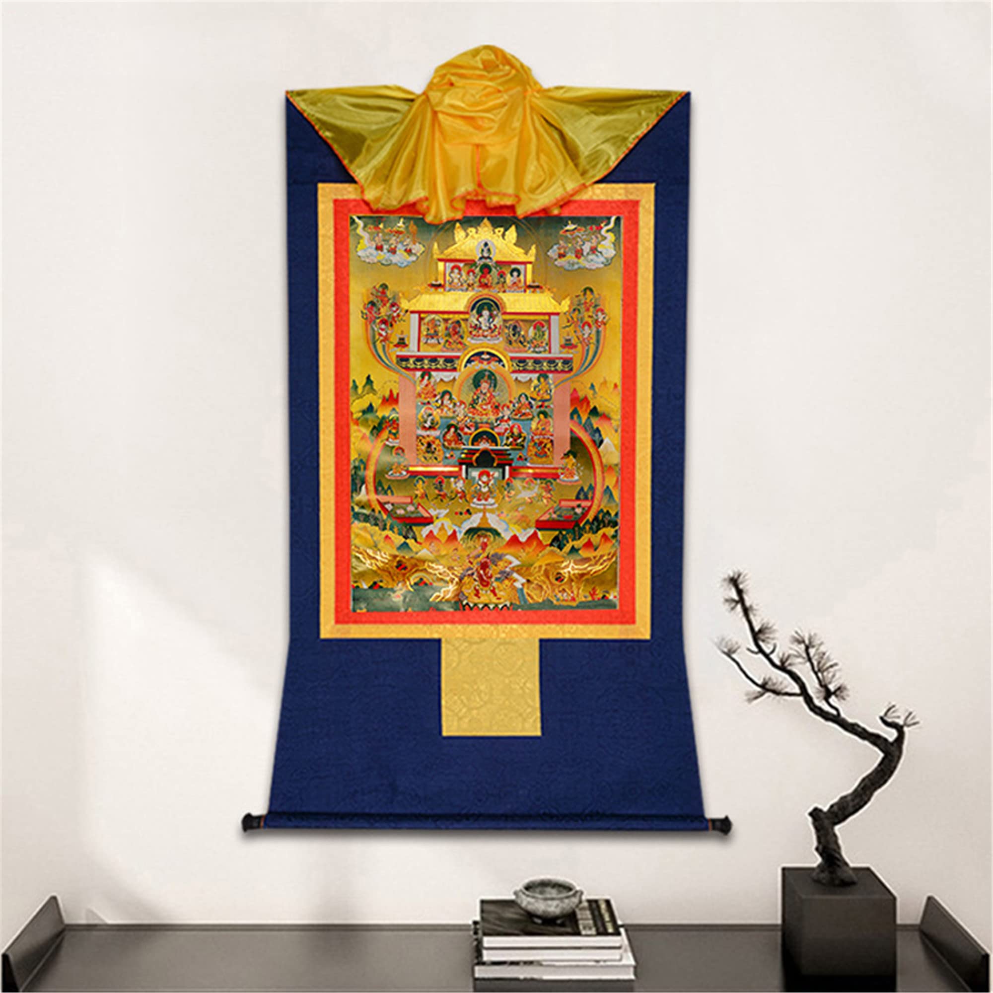 Gandhanra Thangka Tibetische Wandbehang,Guru Rinpoche Reines Land Thangka,Heißgeprägter Buddha Wandteppich für Zen Wohnkultur, Meditation, Spirituelle Entspannung und Ruhe