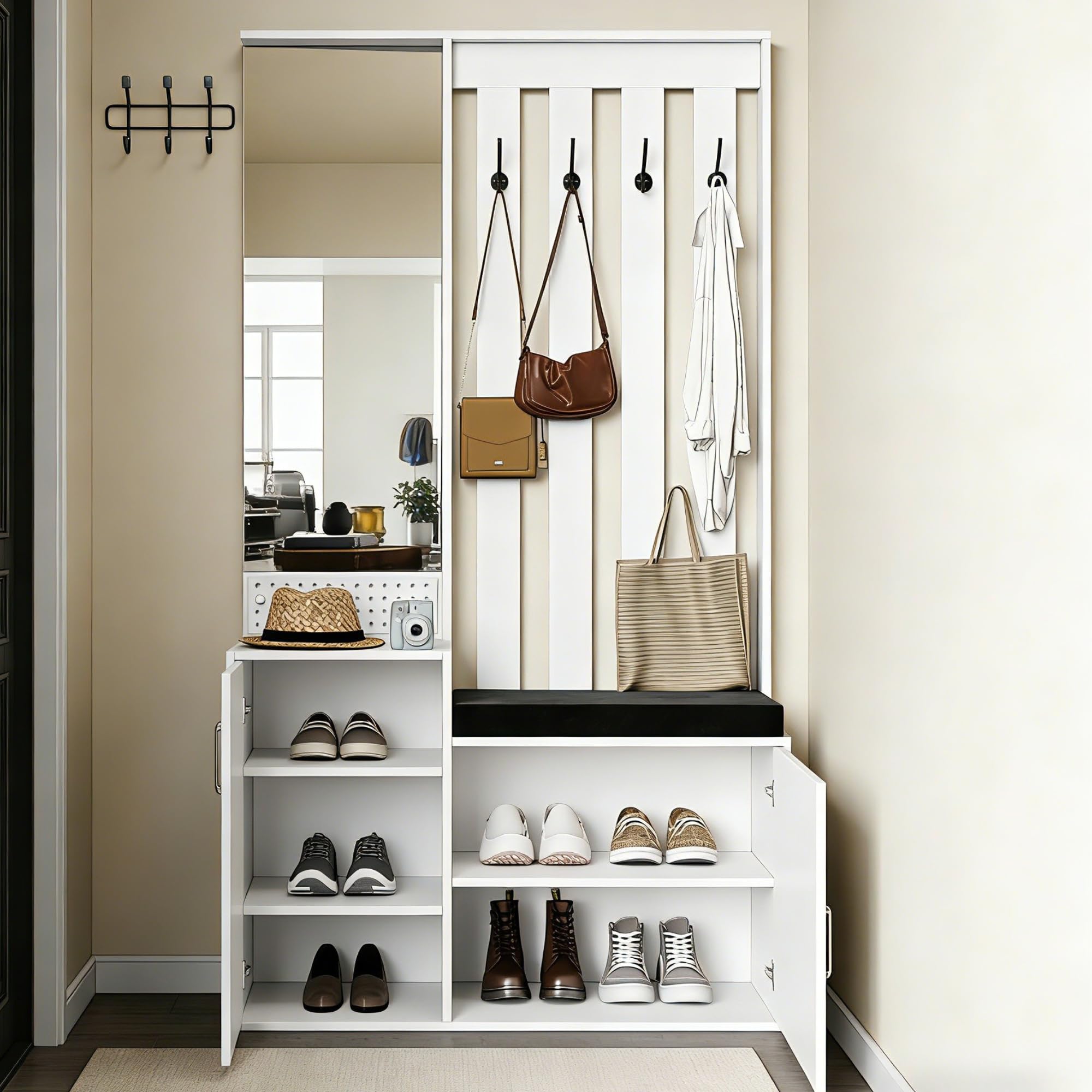 Mueble de entrada con banco y espejo, perchero 6 en 1 multifunción, almacenamiento de zapatos, 4 ganchos, estantería, ahorro de espacio para espacio pequeño, blanco (180 x 100 x 40 cm)