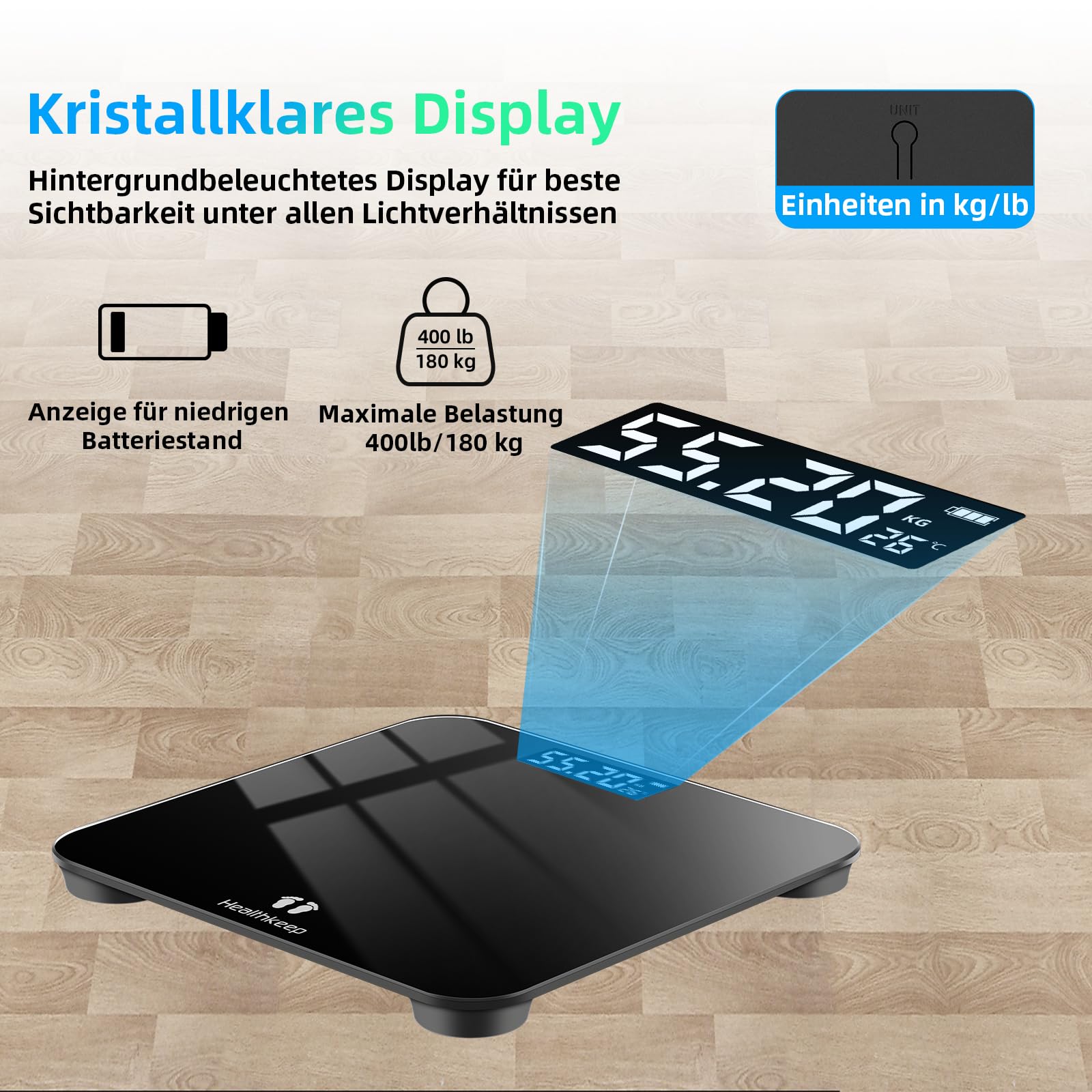 Healthkeep Personenwaage, Körperwaage mit Hochpräzisions-Sensoren, Personen Digitalwaage mit Step-On-Technik, Gewichtswaage aus Sicherheitsglas, Schwarz (260 schwarz 202403)