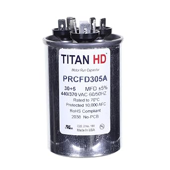 Packard PRCFD305A Titan HD 30+5 MFD, 440/370V Round Dual Run Start Capacitor for AC Motor Run or Fan Start, HVAC Dual Run Round Start Capacitor, 60,000 Hours Operating Life