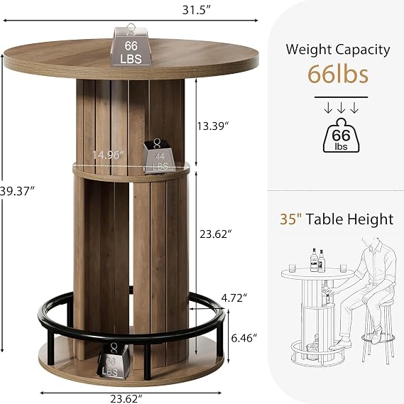 LVB 31.5 inch Round Dining Table for 2, Small Kitchen Table with Storage, Modern Farmhouse Circle Dinner Table for Dining Room,Coffee Bar, Small Space, Rustic Oak (Table Only) (1, Rustic Oak)
