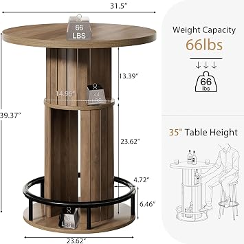 LVB 31.5 inch Round Dining Table for 2, Small Kitchen Table with Storage, Modern Farmhouse Circle Dinner Table for Dining Room,Coffee Bar, Small Space, Rustic Oak (Table Only) (1, Rustic Oak)