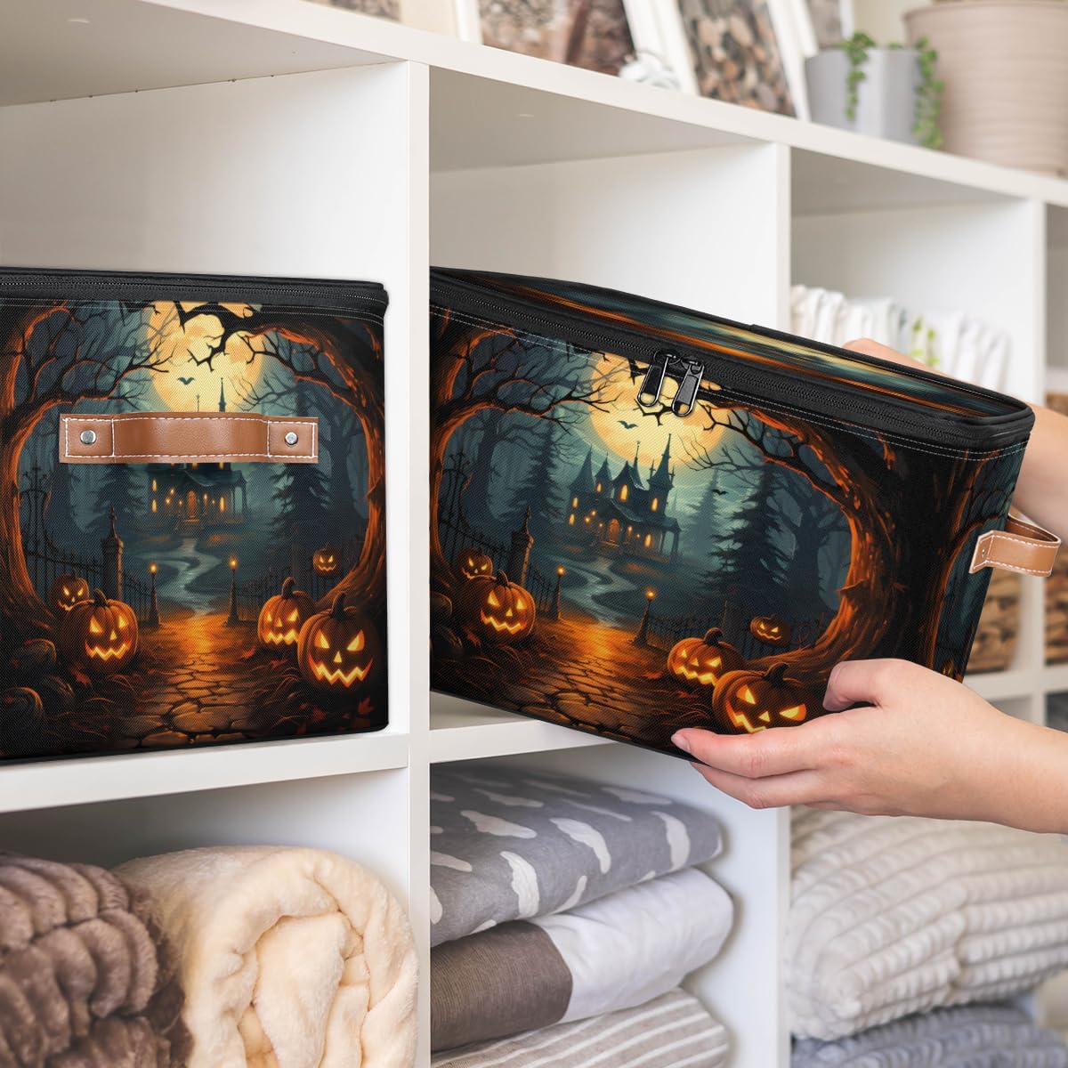 Storage Bin Set of 2 Halloween Night Pumpkin Castle Storage Basket with Zipper Lid & Handle Foldable Closet Shelf 2 Pack Cloth Organizer Basket Cube Bins Clothes Organizer for Bedroom, Nursery