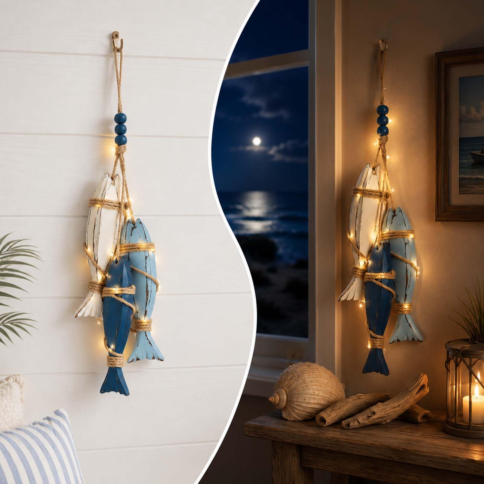 23.2 in × 6.7 in Lighted Coastal Wooden Starfish & Fish Hanging Decor, Mediterranean Nautical Wall Hanging Decor with Warm LED for Home,Porch, Cafe, Bathroom, Rustic Beach Theme Décor Fish