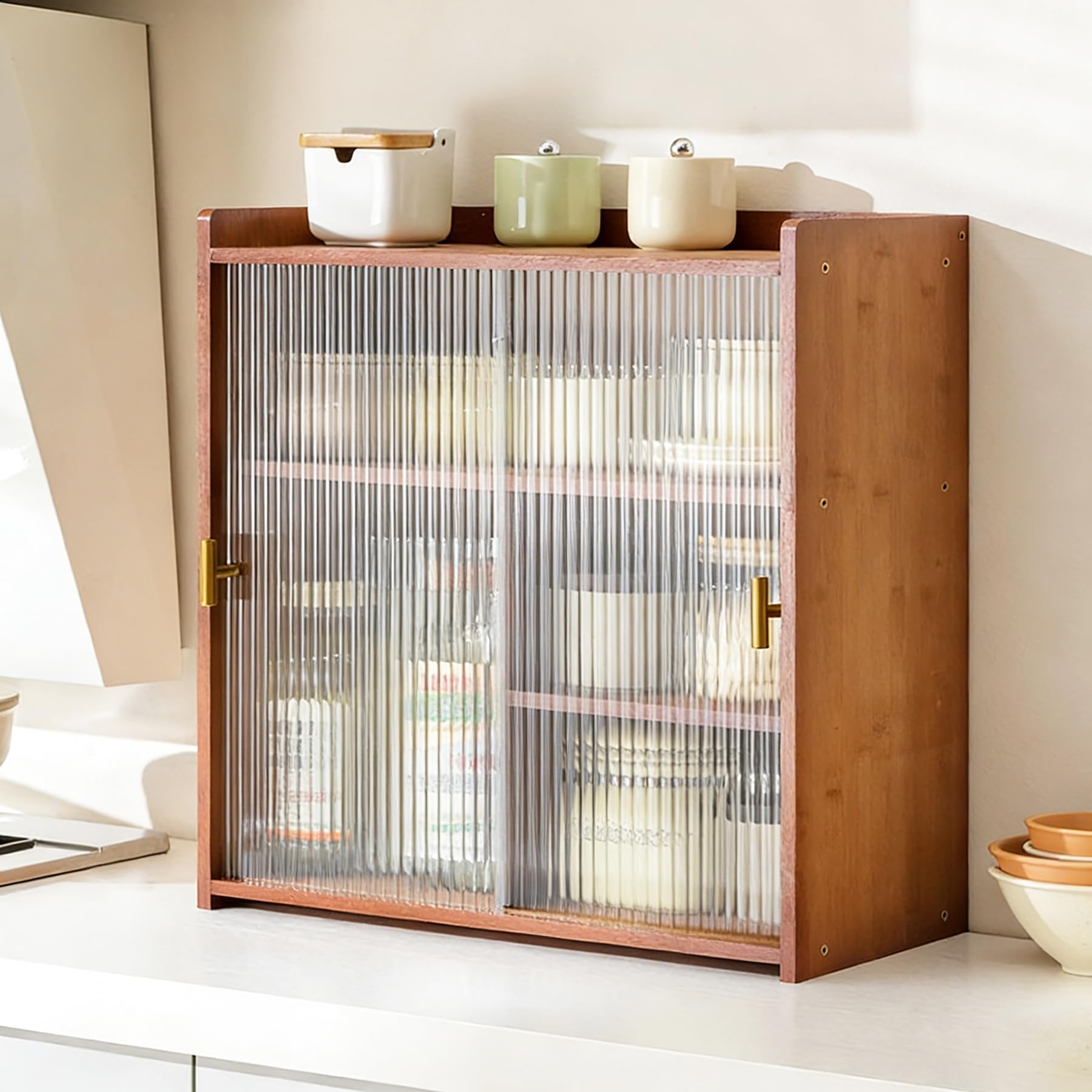 BHGFYXBS Kitchen Sto Cabinet With Sliding Doors 16.5 20.5In Double Layer Bread Box Freestanding For Pantry Brown 42Cm Slish Countertop Solut,Brown-52Cm,Brown-52cm