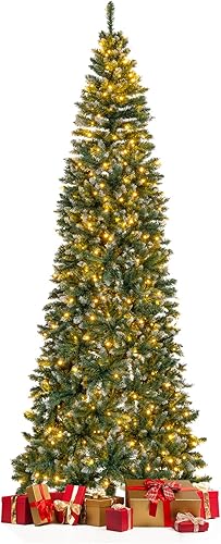 HAPPYGRILL Árbol de Navidad artificial preiluminado de 9 pies, árbol de Navidad de lápiz con 1298 puntas de ramas nevadas y 500 luces LED, árbol
