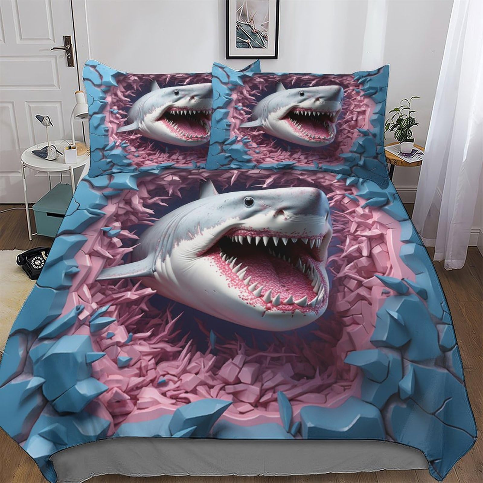 LLXXHH Shark Duvet Cover Microfiber Bedding Set 3pcs, 3D Quilt Cover&Pillowcase, Soft Comforter Cover for Men Woman Kids King(220x240cm)