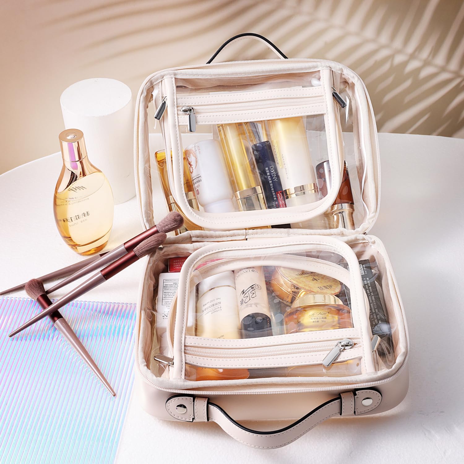 SANHECUN traveling toiletry case clear cosmetics case makeup bag (Beige, Small)