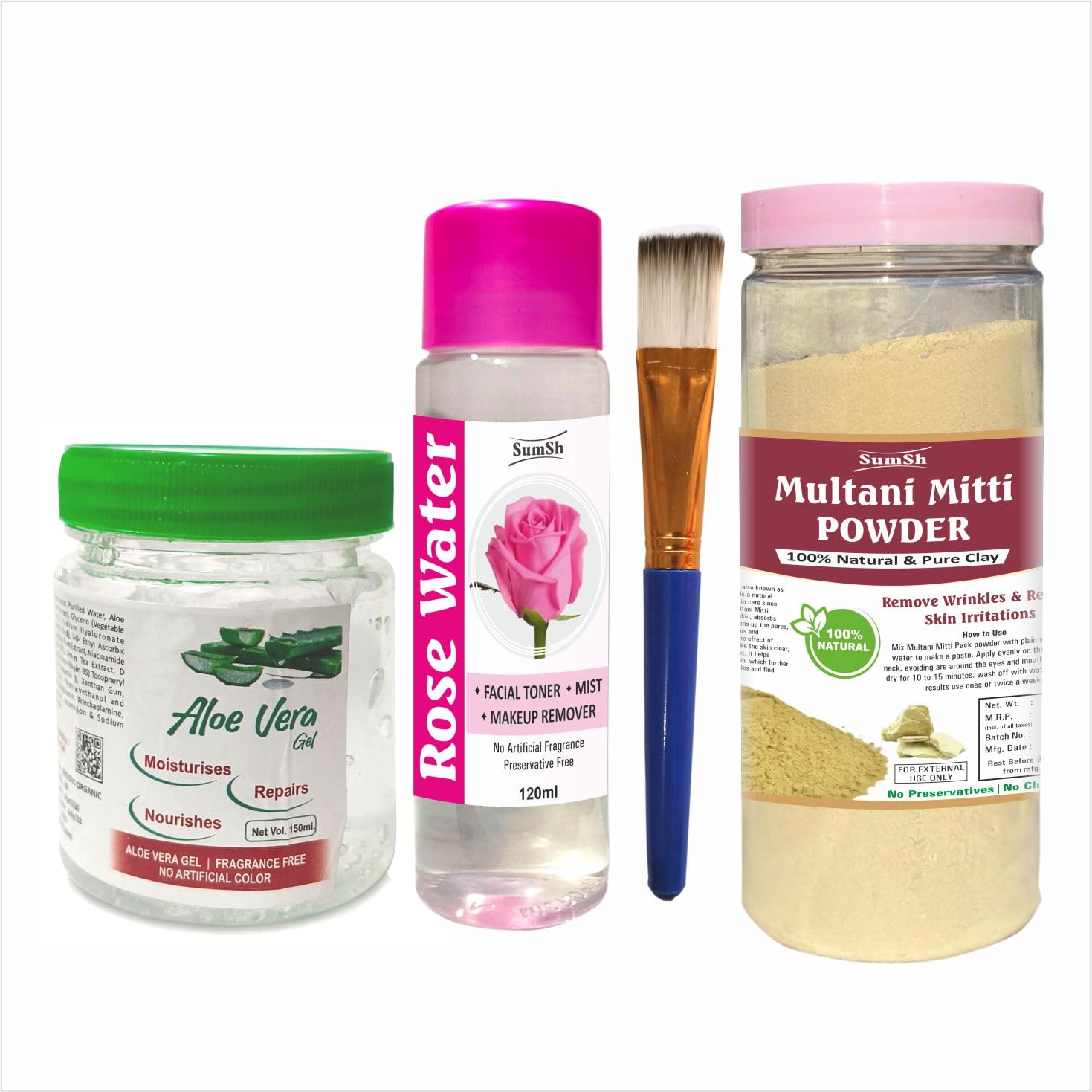 Multani Mitti Powder Face Pack, 100% Natural Pure Clay with Rose Water 120ml, Aloe Vera Gel & Applicator Brush, 500g | Deep Cleansing, Oil Control, Acne Care & Glowing Skin-image-48