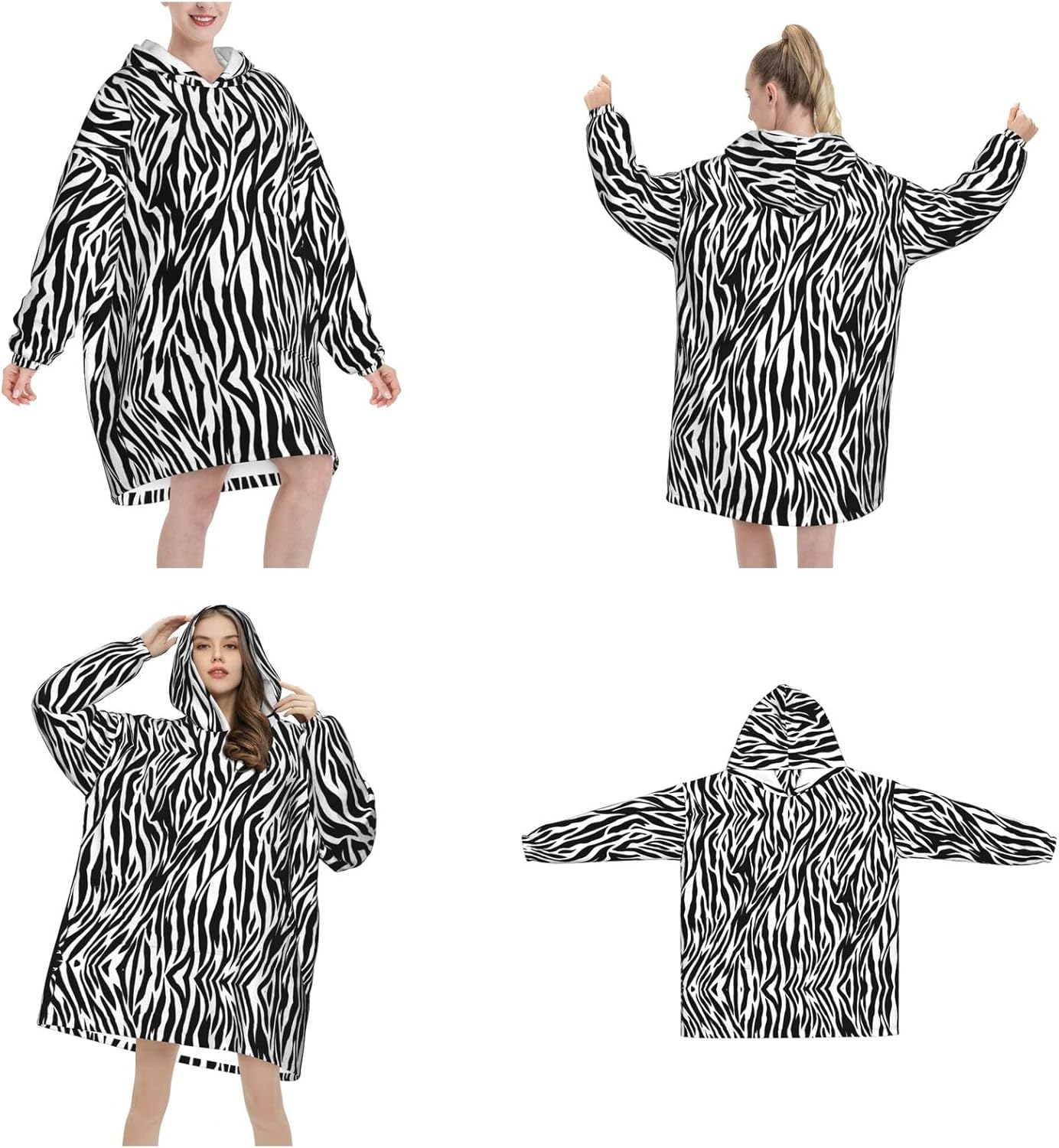 MUSM Zebra Print Print Blanket Hoodie Fleece Sweatshirt Blanket With Sleeves And Pockets