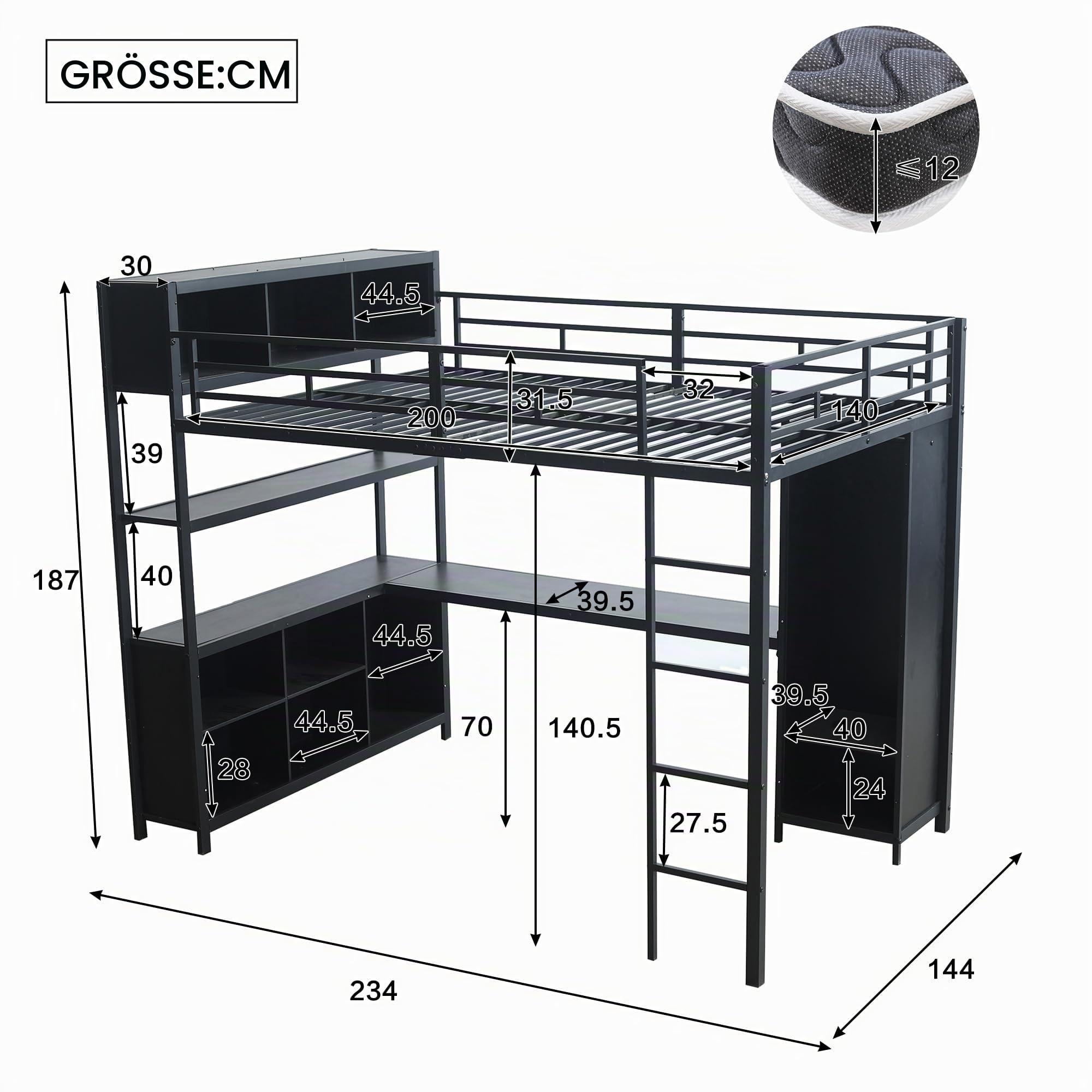 Etagenbett Kinderbett 140x200 cm, Eisenbett Hochbett mit Stauraum Schreibtisch, Einzelbett Metallbett Bett mit Kleiderschrank, Leiter und Lattenrost aus Metallrahmen, ohne Matratze (Schwarz)
