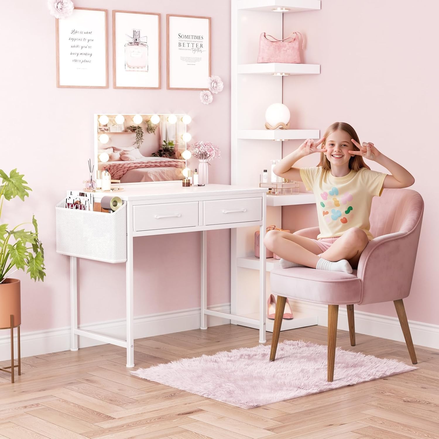 DLisiting White Desk with Storage Drawers - 39 Inch Small Computer Desk with Drawers for Bedroom Home Office, Study Writing Vanity Table Without Mirror for Girls Small Spaces