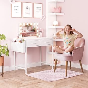 DLisiting White Desk with Storage Drawers - 39 Inch Small Computer Desk with Drawers for Bedroom Home Office, Study Writing Vanity Table Without Mirror for Girls Small Spaces