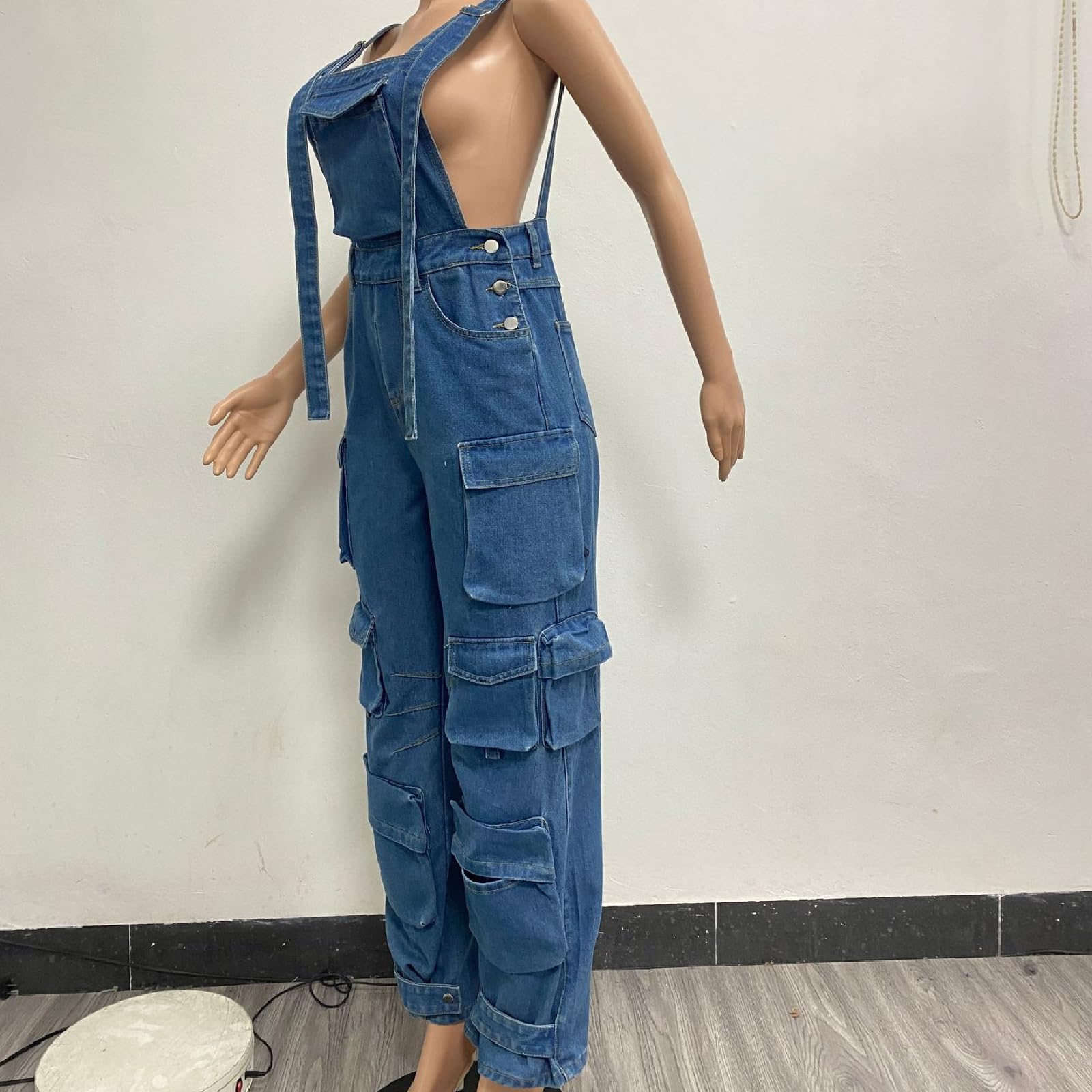 Women's Cargo Denim Overall Jumpsuit Wide Leg Bib Loose Baggy