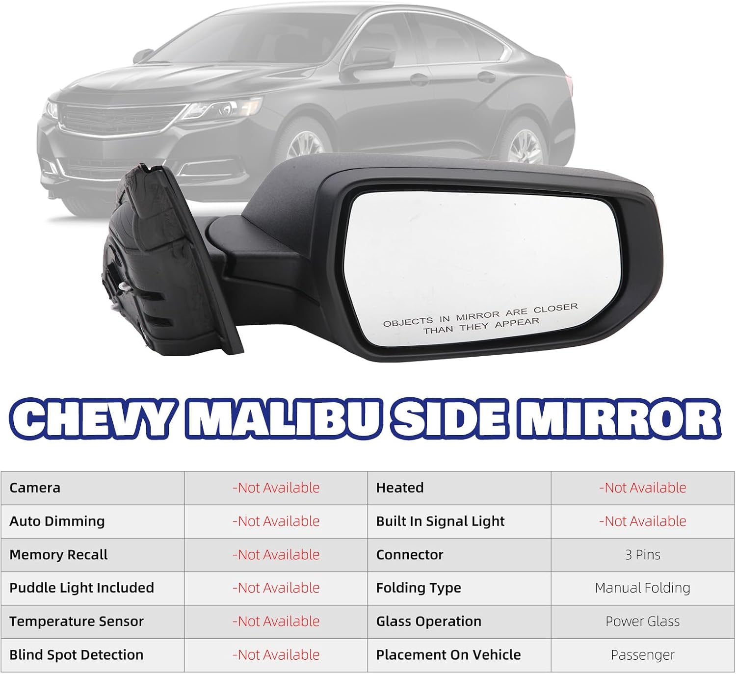 Passenger Side View Mirror Compatible With 2016-2022 Chevy Malibu L LS 3 Pins Manual Folding Non Heated Without Signal Light