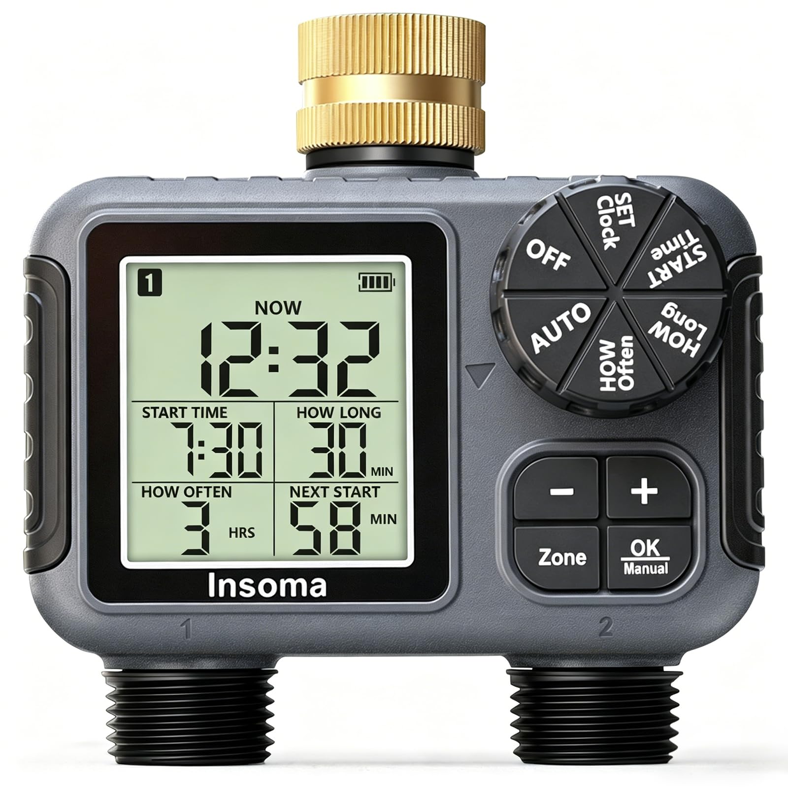Insoma Timer irrigatore a 2 zone con ingresso in ottone, timer per tubo dell'acqua con modalità auto/manuale + ritardo pioggia, grande display LCD, per giardino, cortile, prato, impermeabile IPX5 e