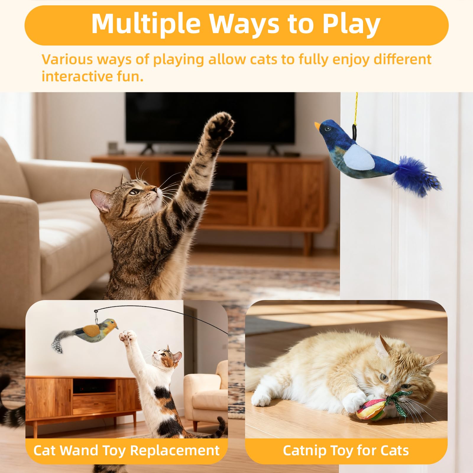 Tocirelo Interaktives Katzenspielzeug Vogel – Realistisches interaktives Katzenspielzeug für Indoor-Katzen mit Katzenminze und Feder, 3 Stück, hängende Zwitscher-Vogel-Katzenspielzeug, gelangweiltes