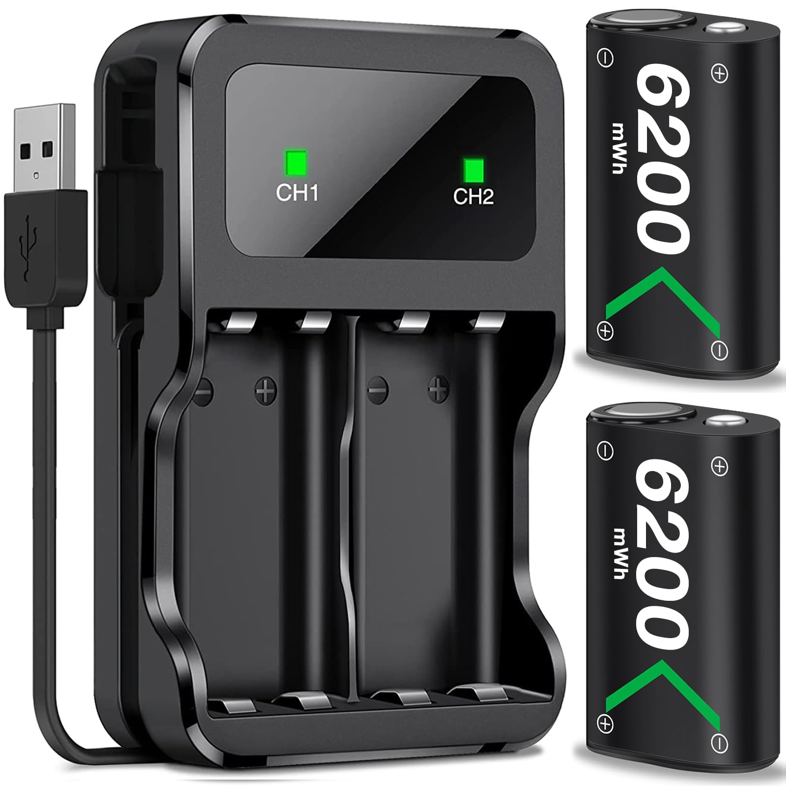 Controller Battery for Xbox One/Xbox Series X|S Rechargeable Battery Pack, 2x6200mWh Chager Batteries for Xbox1 S/X/Xbox Elite