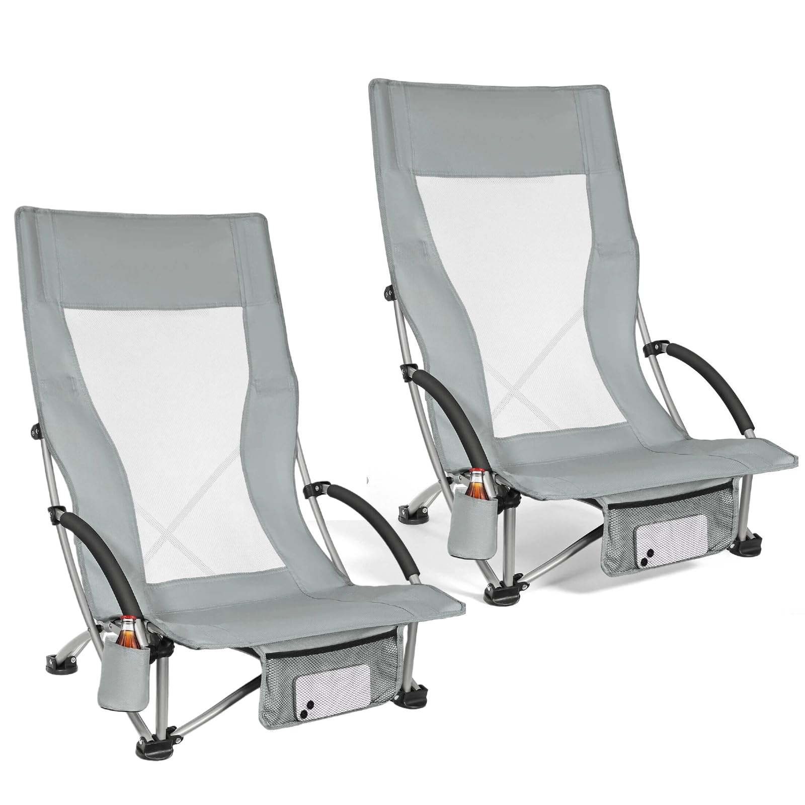 WildFun Silla de playa plegable, silla portátil de camping y pesca con respaldo alto, portavasos, soporta 180 kg para viajes, al aire libre, barbacoa, picnic, festival (2 unidades, gris)