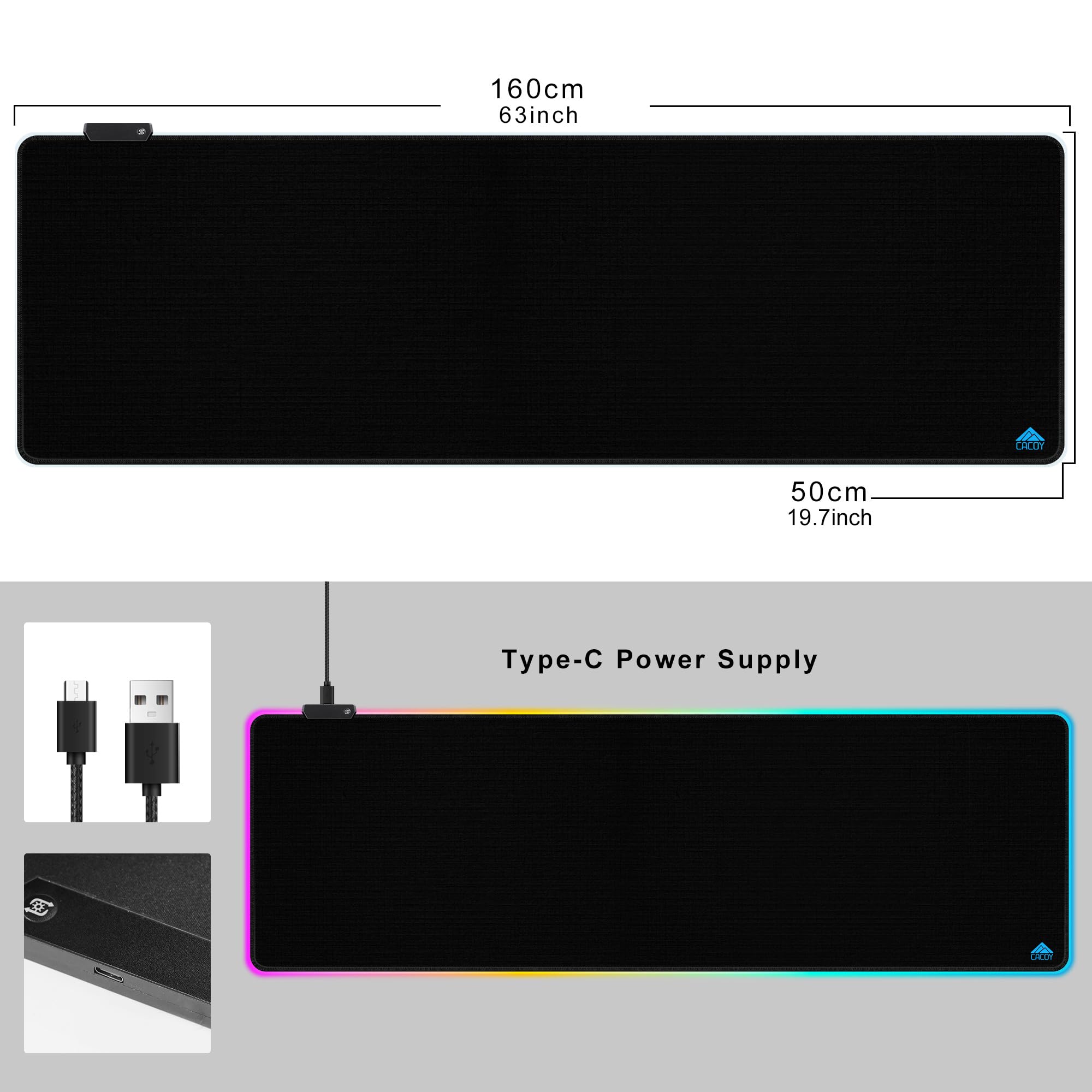 Cacoy 1600x500 mm RGB Tapis de Souris Gamer, Étendu LED Lumineuse Tapis de Souris Multicolore 9 Modes, Grande Mouse Pad Tapis de Bureau XXL Résistant à l'eau et Antidérapant pour Jeux et Bureau, Noir