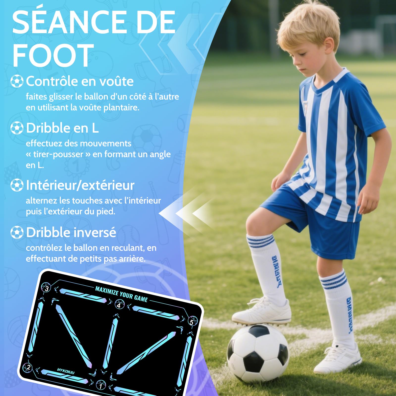 Tapis Foot Entrainement Avec des vidéos d'entraînement Tapis Entrainement Football Accessoire – Pas De Football & ContrôLe Du Ballon Dribble Football – Tapis D’EntraîNement Pour Cadeau Football Enfan