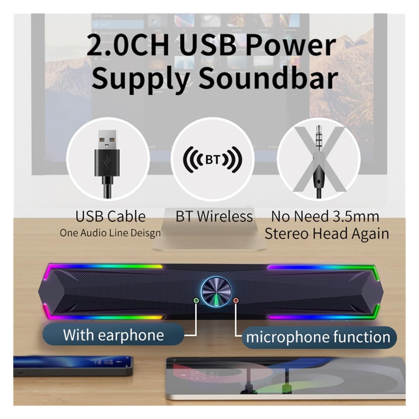 Soundbar 10 W Z Subwooferem, System Kina Domowego, Głośnik Bluetooth, Kabel USB 2.0 M, Głośniki Do Telewizora I Komputera Wszechstronne MożLiwośCi PodłąCzenia