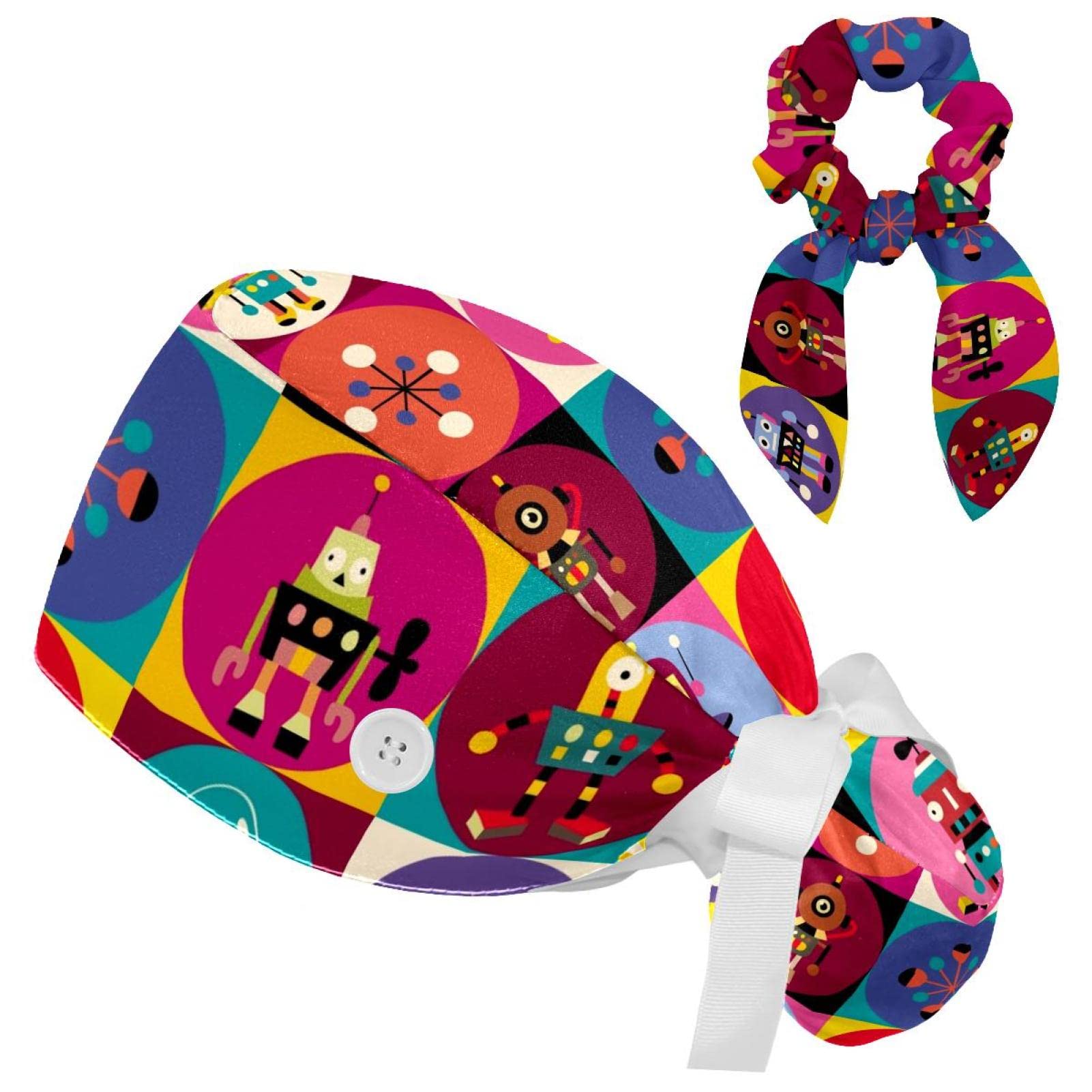 Unisex Colour5 Working Cap + Hair Tie Bouffant Caps Tie Back Hat With Sweatband Scrub Hat Robots Pattern Turban Cap