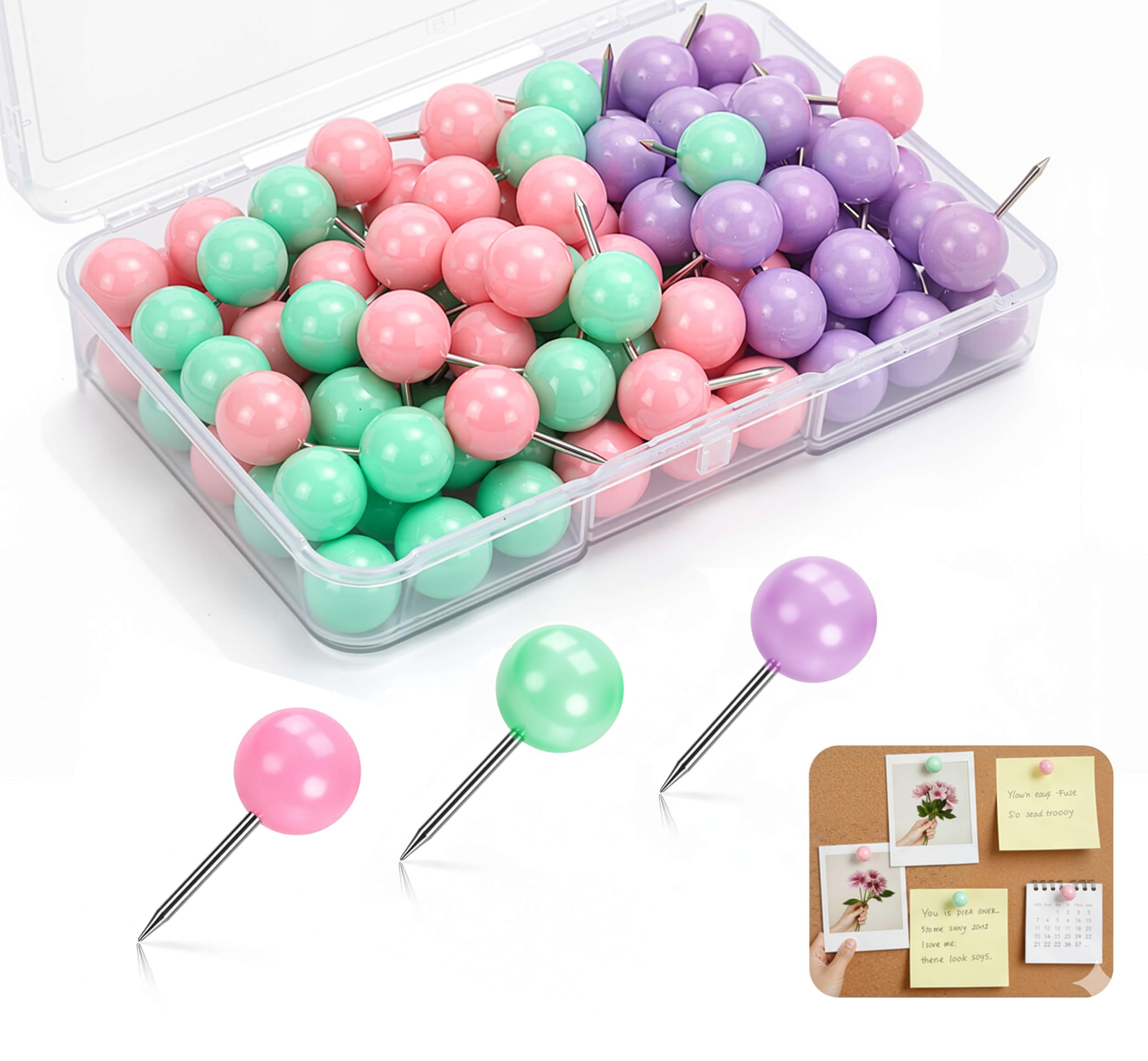 Vintrex 100 Pcs Macaron Decorative Push Pins (Purple, Pink, Green) - Cute Large Round Head Thumb Tacks for Bulletin Board & Cork Board - Aesthetic Pins for Photos, Maps, Home & Office Decor