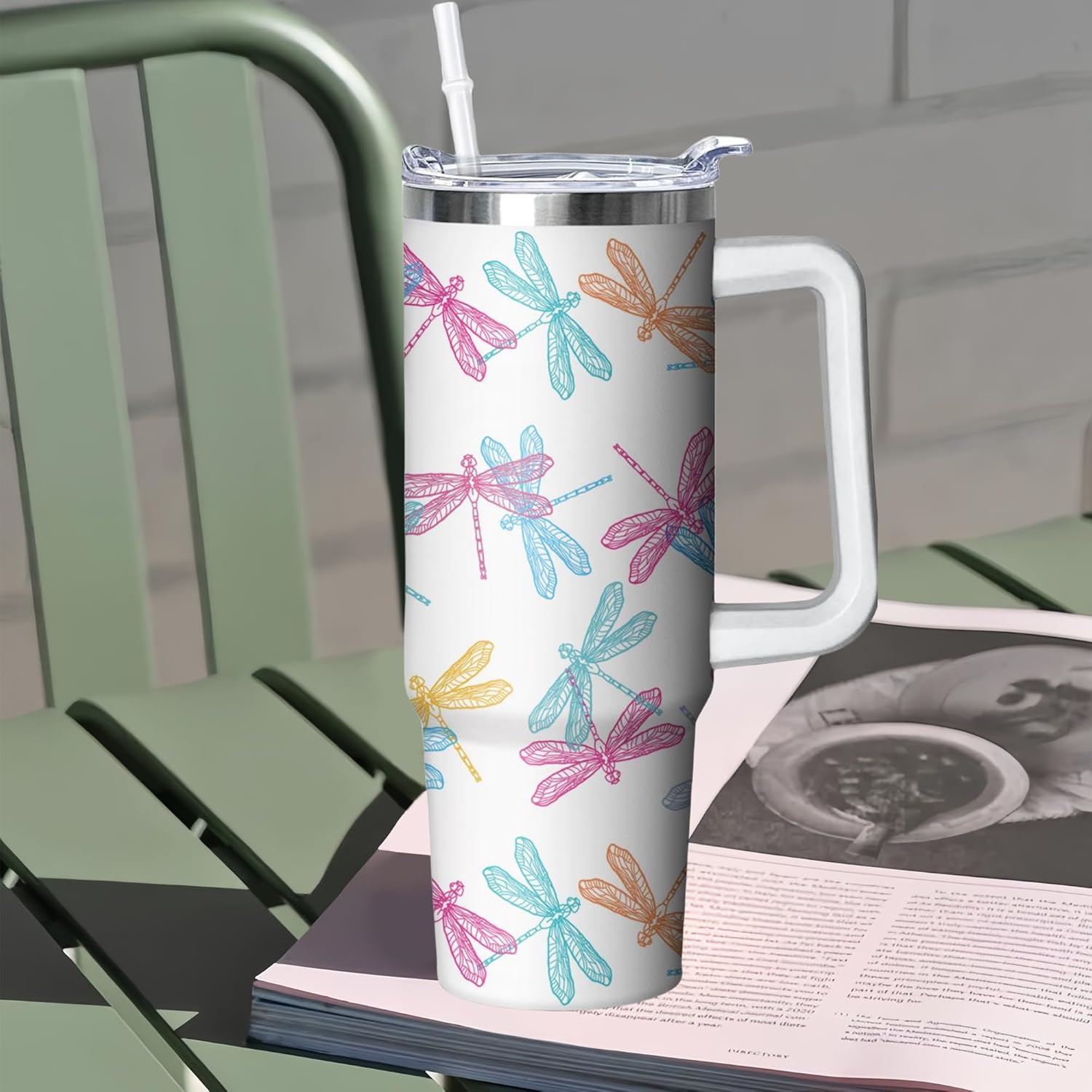 30 oz Dragonfly Tumbler with Handle and Straw, Insulated Stainless Steel Cup with Lid, Travel Coffee Mug Water Bottle, Gifts for Woman Animal Lovers - Image 6