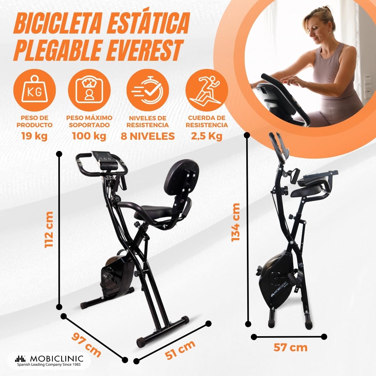 Mobiclinic® fitness, Bicicleta estática plegable + cintas de resistencia, 2 en 1, Everest, 8 niveles, Hasta 100kg, Pantalla lcd, Medidor pulso, Asiento regulable, Rueda, 5kg, Trainer x-bike