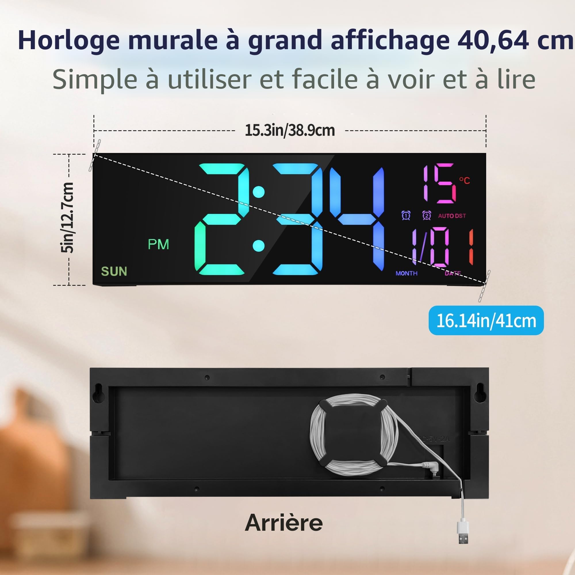 HAITANG Grande Horloge Murale Numérique 16" RVB LED Double Alarme Télécommande Température