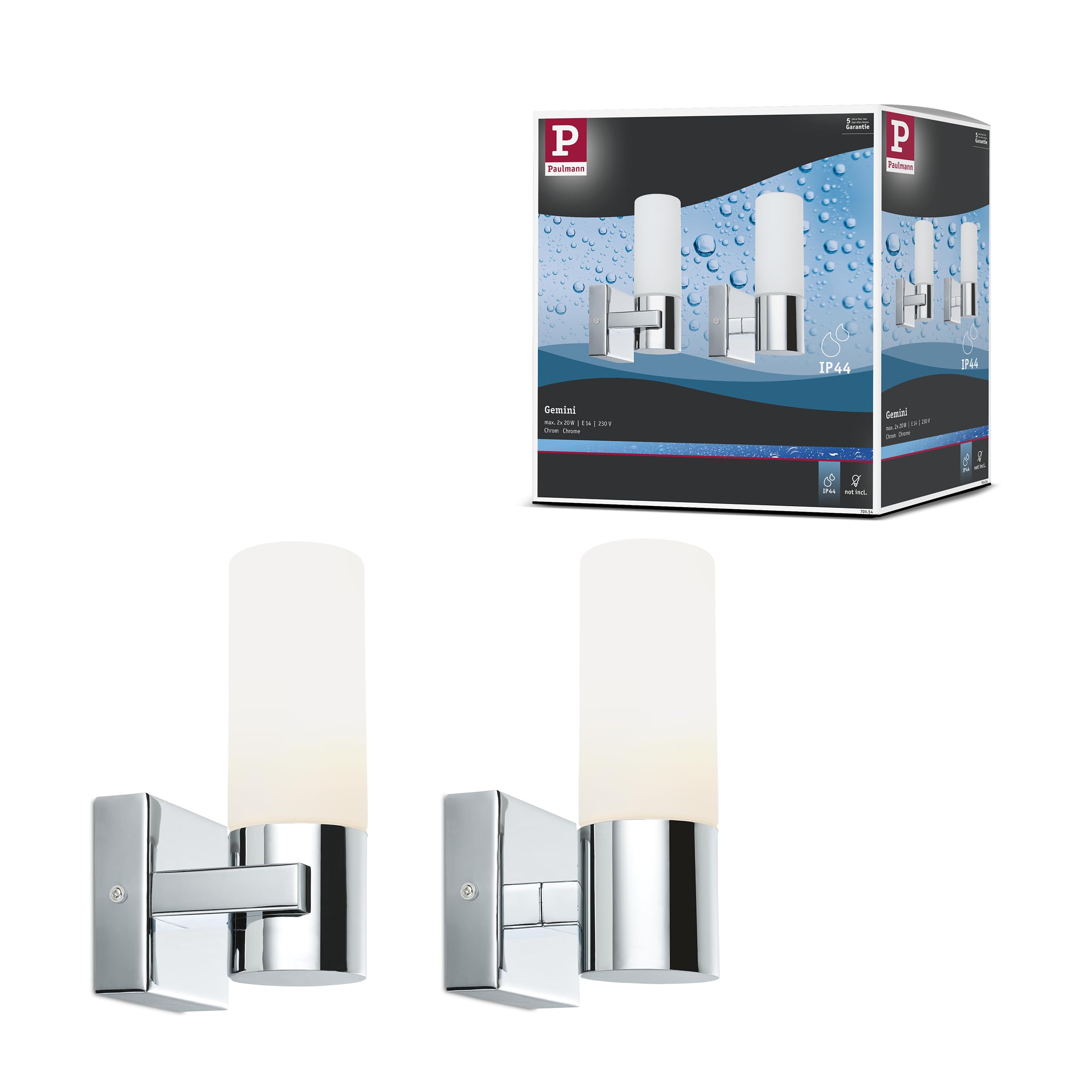 Paulmann 70354 Gemini wall luminaire wall Spotlight IP44 Without lamp E14 Base max. 2x20W Hallway Light 2-Pack wall luminaire Chrome Satin Metal Glass
