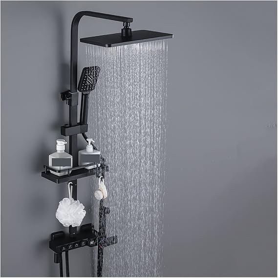 Bathroom Shower System,Shower system DisplayThermostatic Black Bath and Shower Faucet Set Bathtub Tap with Bathroom Shelf Water Flow Produces Electricity,Black 3 Th-1