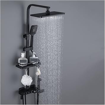 Bathroom Shower System,Shower system DisplayThermostatic Black Bath and Shower Faucet Set Bathtub Tap with Bathroom Shelf Water Flow Produces Electricity,Black 3 Th-1