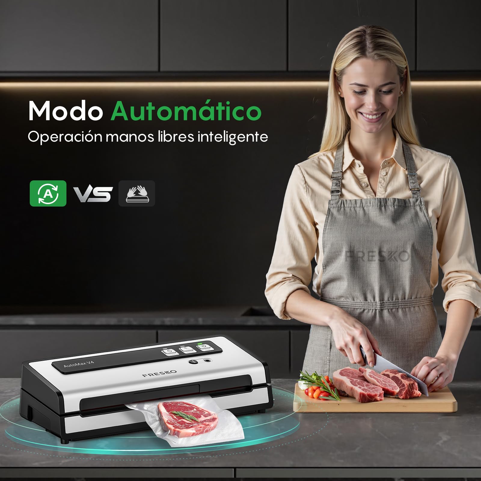 FRESKO Envasadora al Vacío Automática, 140W con Doble Sellado por Calor, Modo Seco/Húmedo, Uso con Una Mano, Incluye 10 Bolsas Pre-cortadas y 4 Kit para sellar tarros Mason (Automax V4)