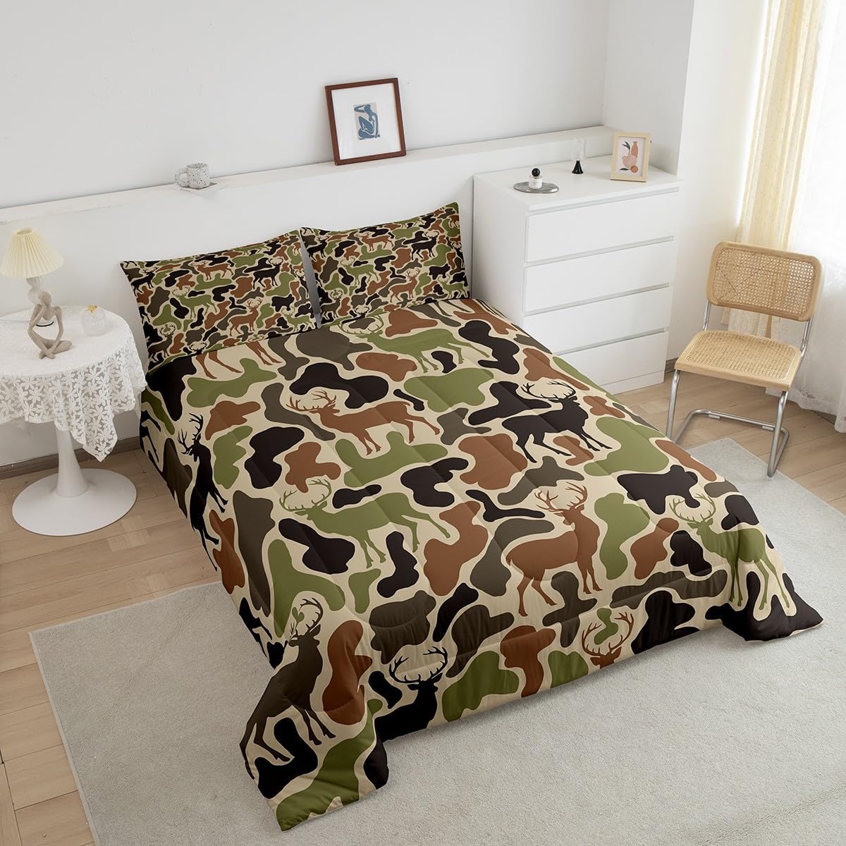 Feelyou Kids Camo Deer Bedding Set Twin Size Deer Hunting Duvet Quilt for Boys Girls Teens Bedroom Decor Antlers Comforter Set Breathable Soft Microfiber Western Farmhouse with 1 Pillow Case