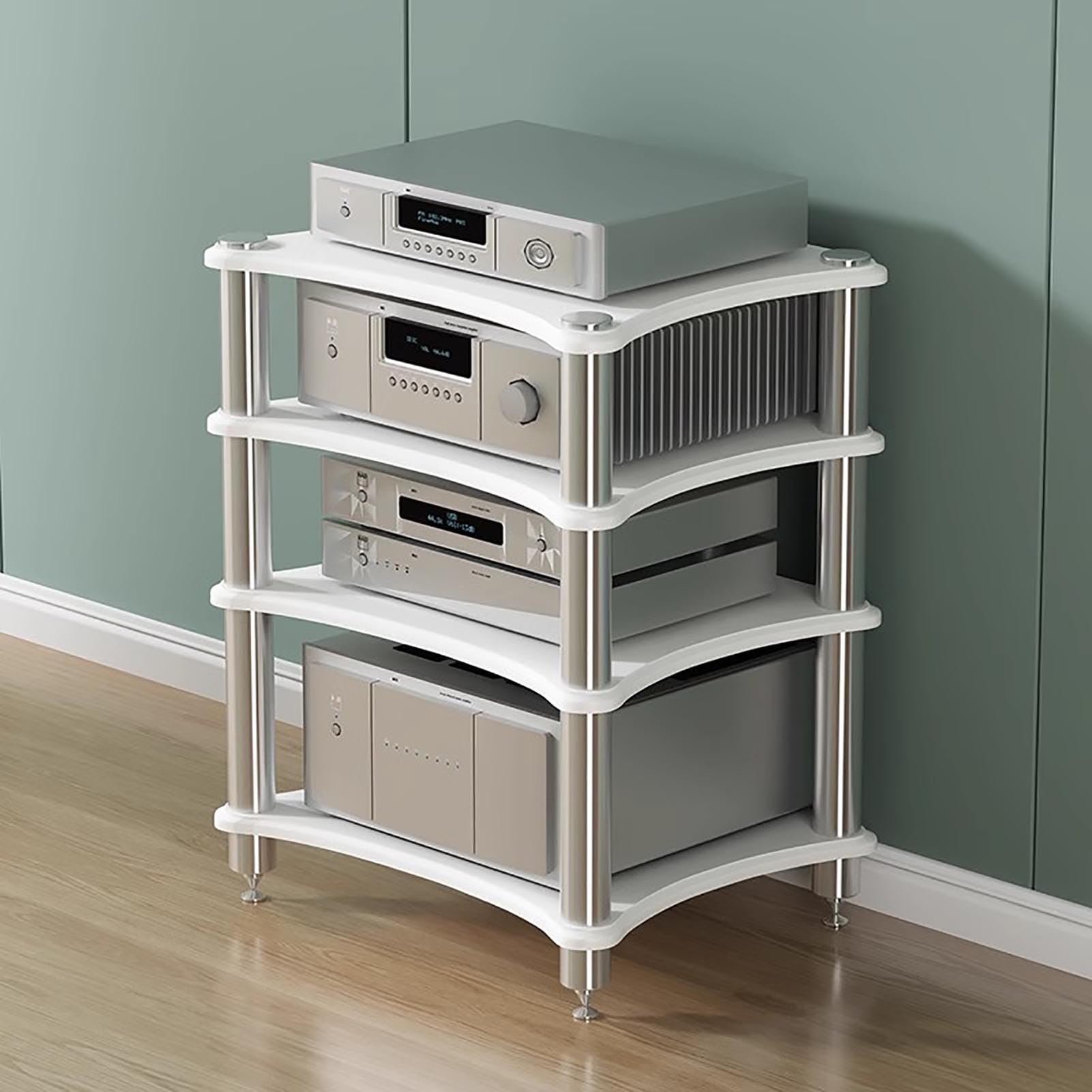 Mobiletto audio a 4 livelli aperto per TVstampanti e console di giocoScaffale stereo Moderno rack audio bianco (60 x 48 x 85 cm)