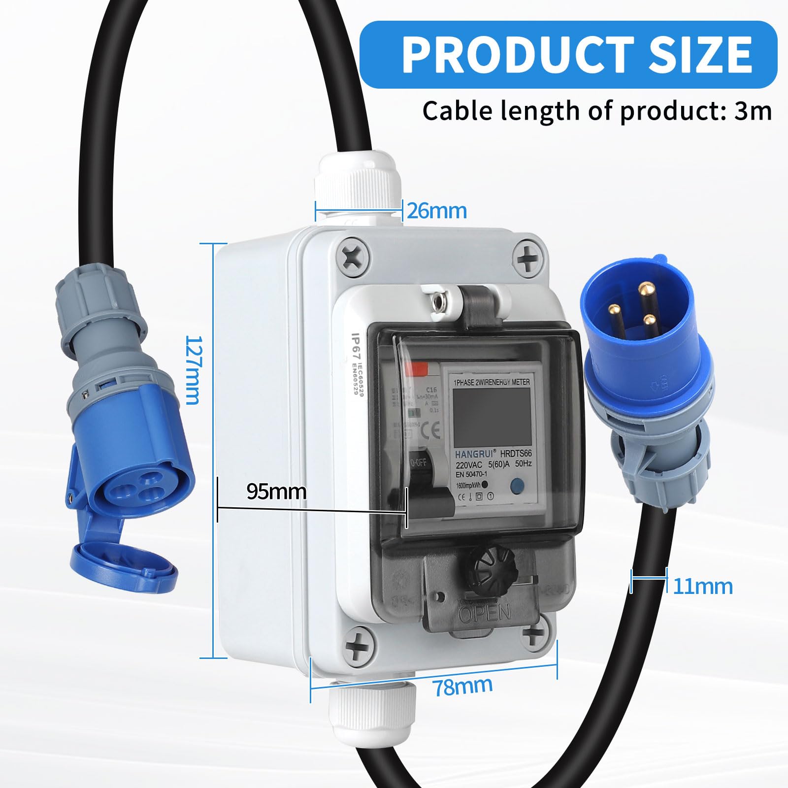 SWAWIS Wattmetre Numérique Mobile 230V 16A - Wattmètre Numérique avec Disjoncteur FI Type A, Prise CEE IP44, Boîtier IP67 Prise Compteur D'énergie pour Camping-cars Véhicules Electriques